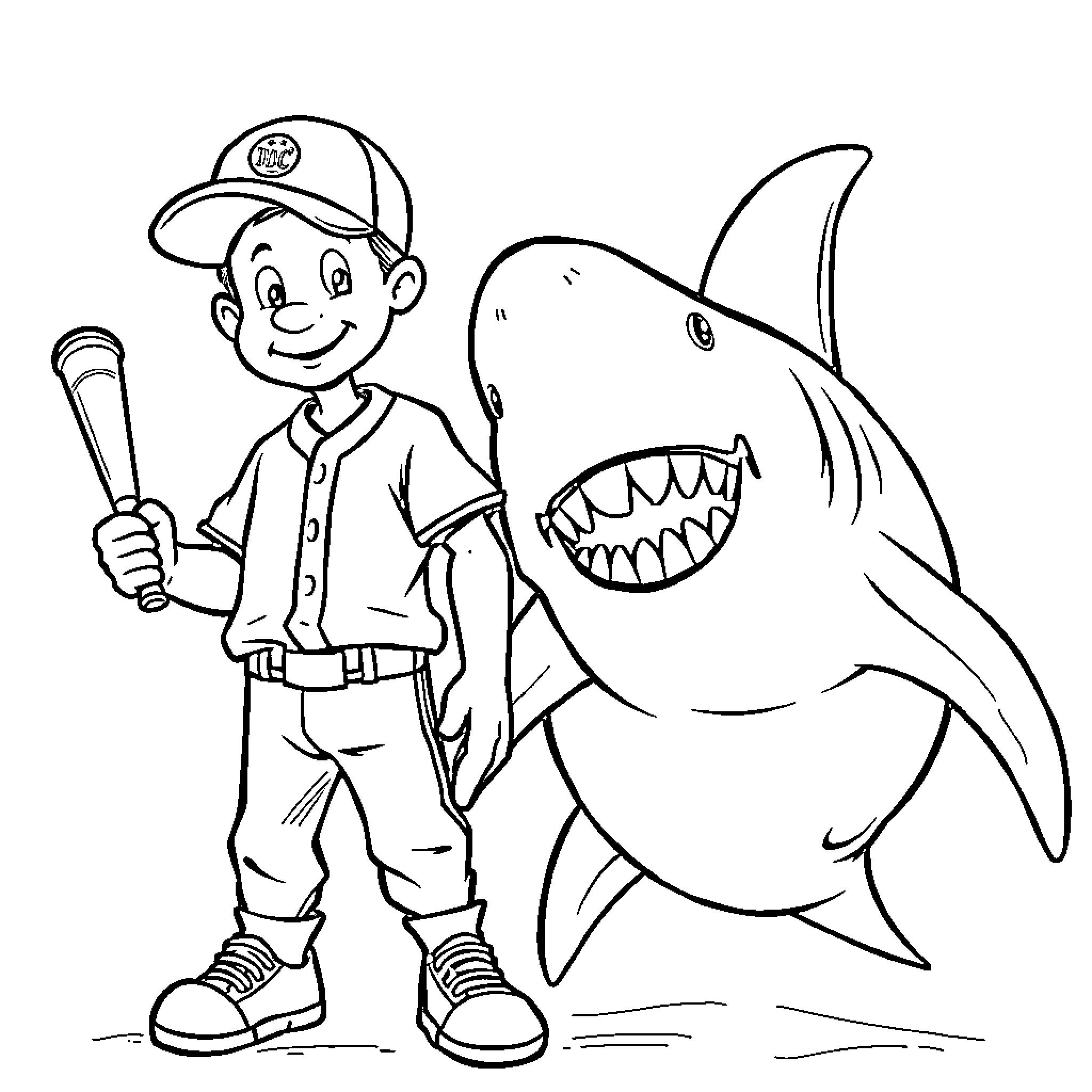 Baseball Player and Fearsome Shark Coloring Page (free black-and-white line drawing printable PDF for all, from beginners to advanced learners, including children, teens, adults, and seniors)