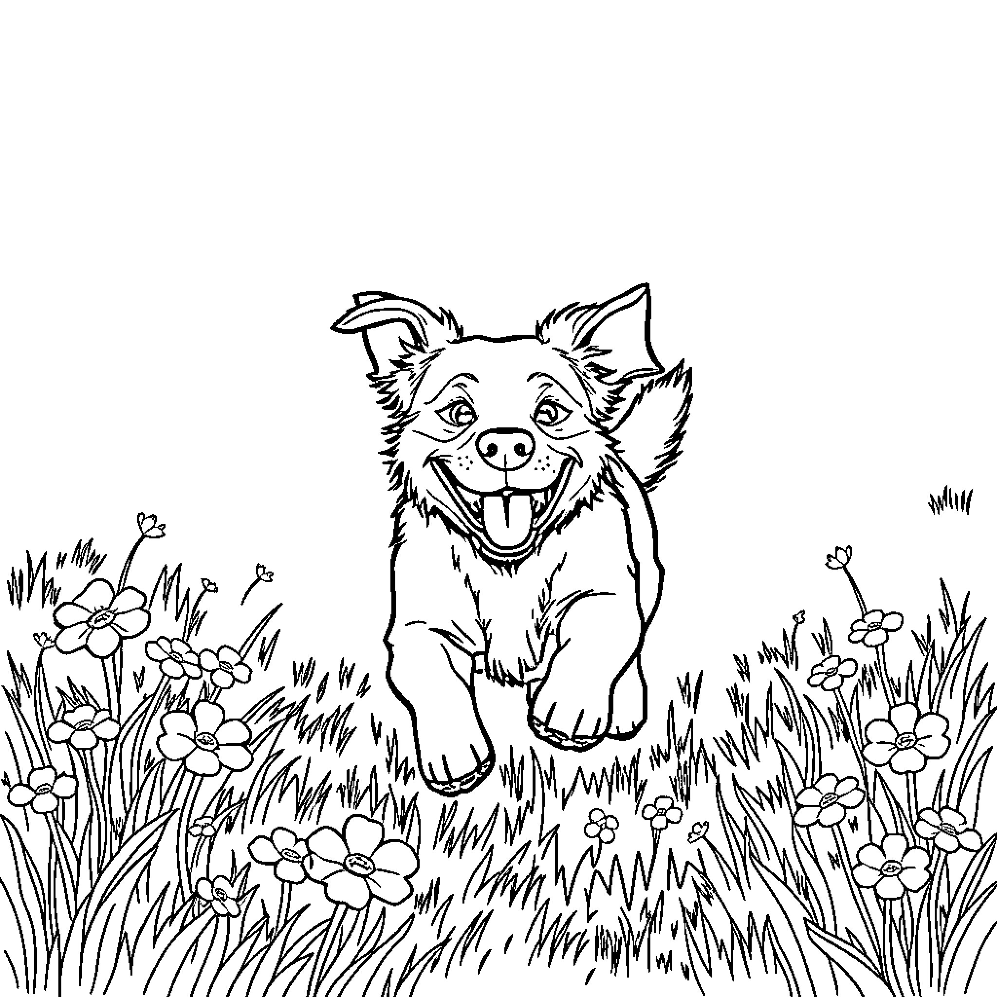 Dog playing joyfully in a floral field Coloring Page (free black-and-white line drawing printable PDF for all, from beginners to advanced learners, including children, teens, adults, and seniors)
