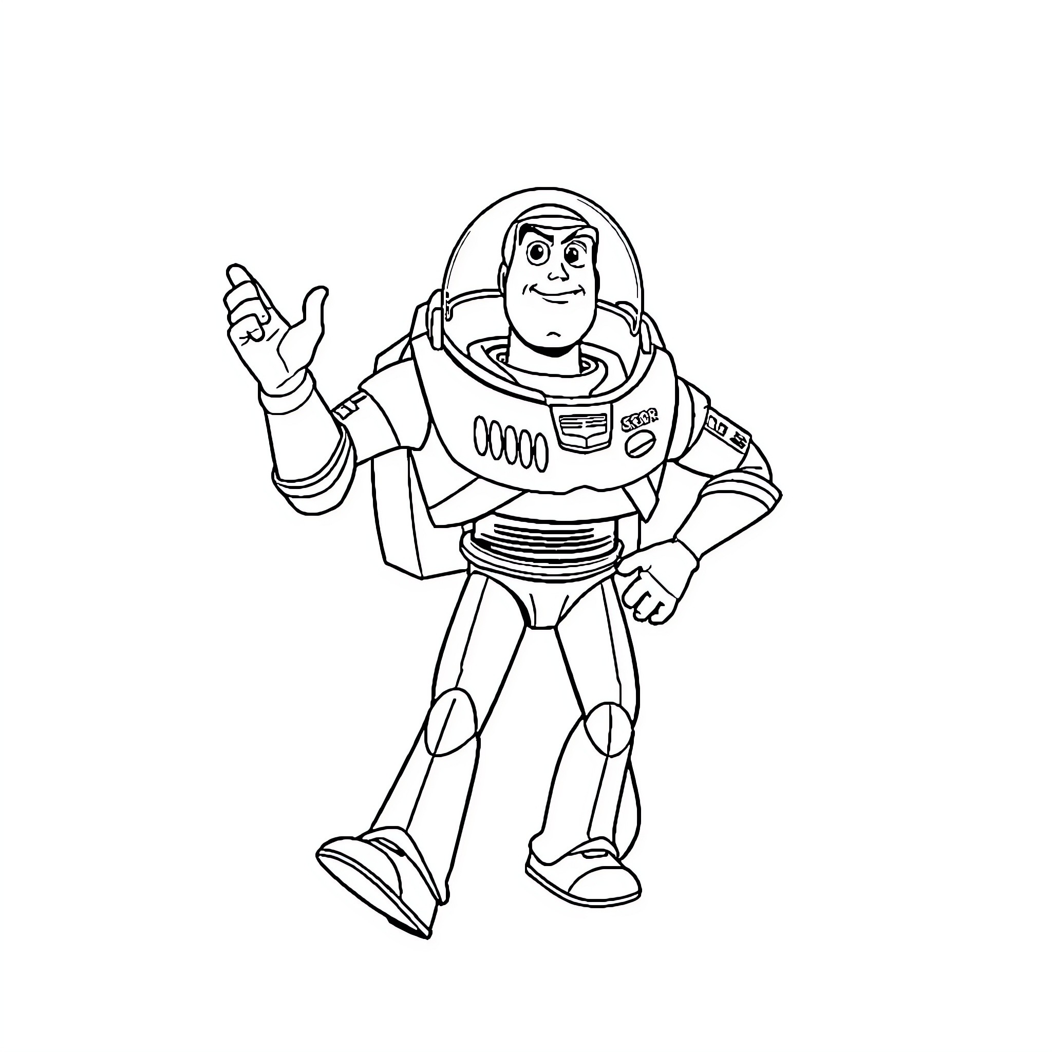 Buzz Lightyear Striking a Heroic Pose Coloring Page (free black-and-white line drawing printable PDF for all, from beginners to advanced learners, including children, teens, adults, and seniors)