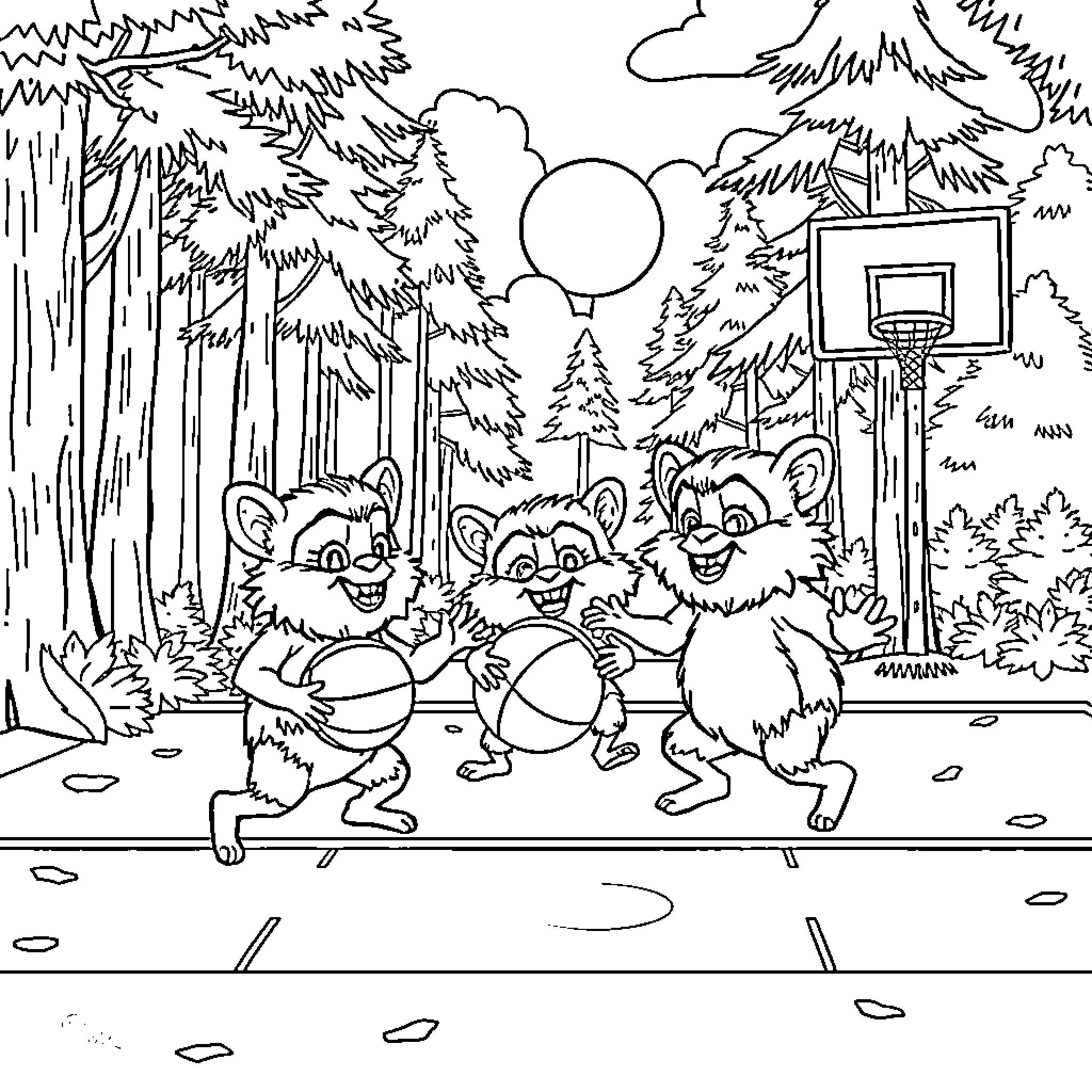 Ewok friends playing basketball in the forest Coloring Page (free black-and-white line drawing printable PDF for all, from beginners to advanced learners, including children, teens, adults, and seniors)