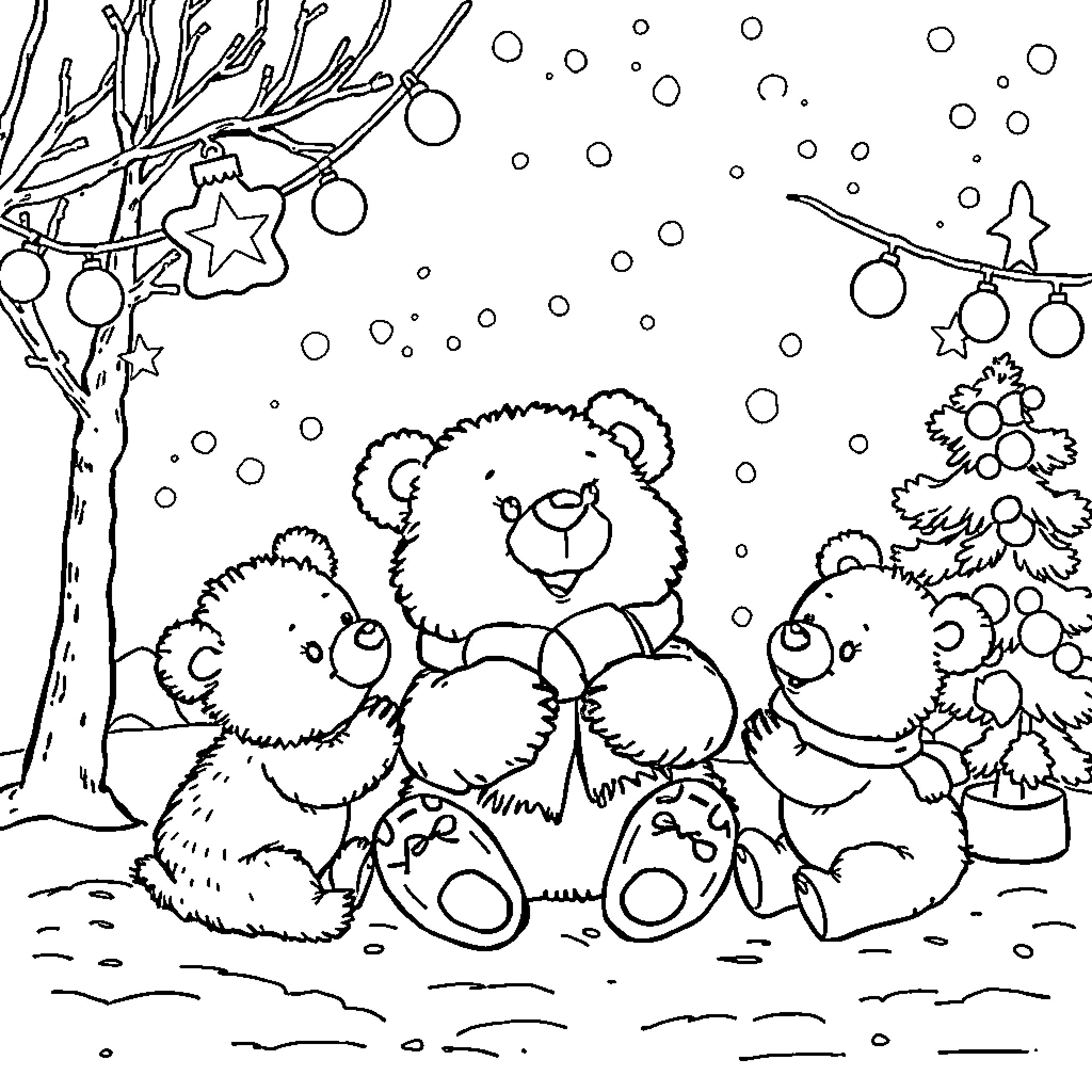 Bear Toys Celebrating Winter Holiday in Snowy Scene Coloring Page (free black-and-white line drawing printable PDF for all, from beginners to advanced learners, including children, teens, adults, and seniors)