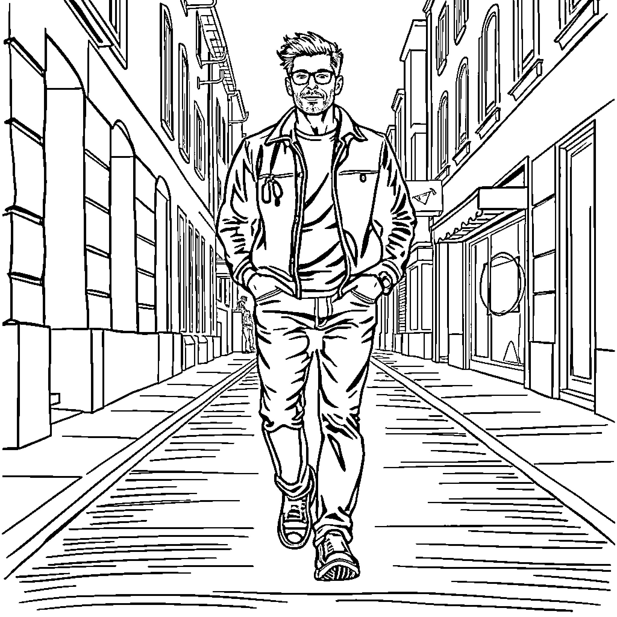 Man walking confidently down the city street Coloring Page (free black-and-white line drawing printable PDF for all, from beginners to advanced learners, including children, teens, adults, and seniors)