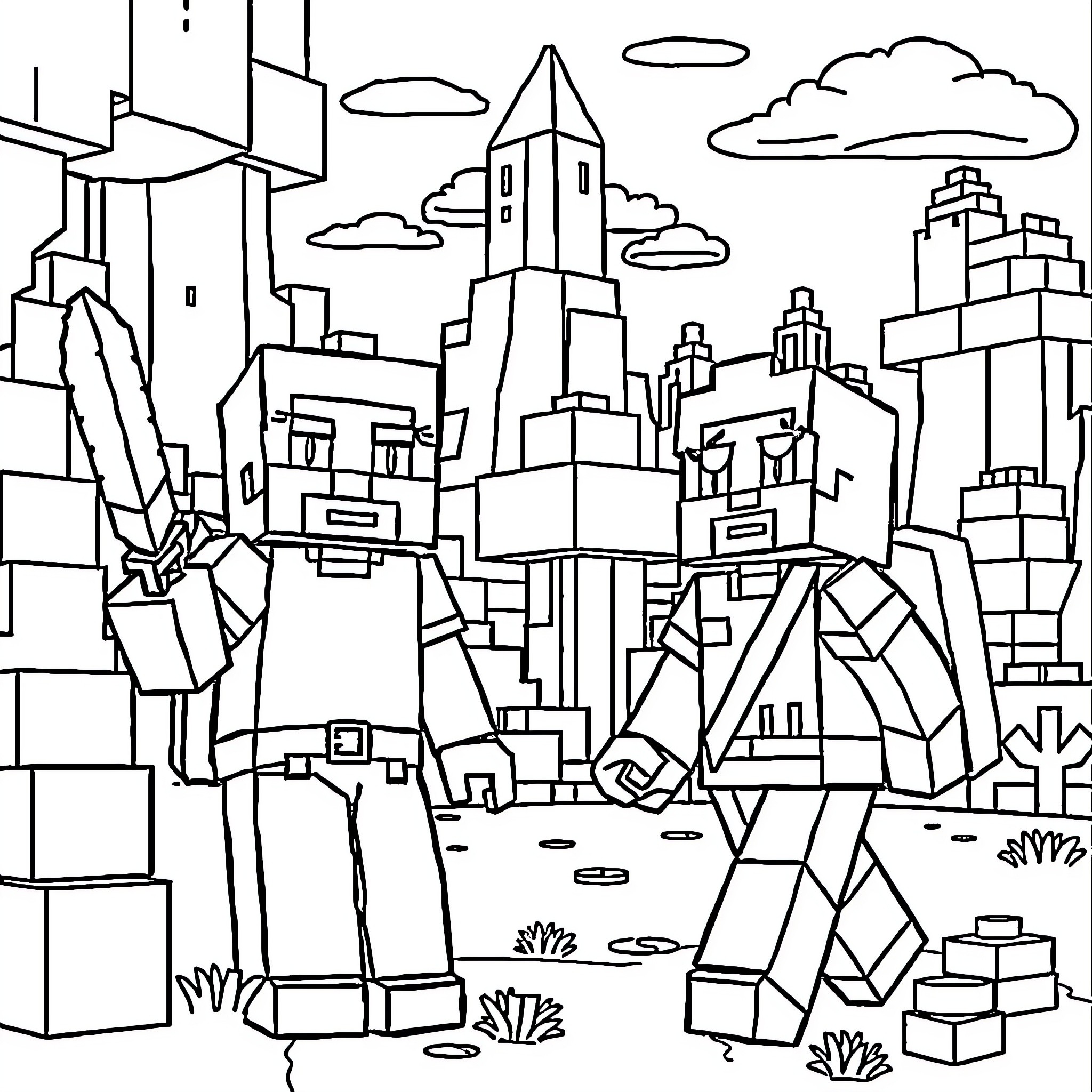 Minecraft Character exploring futuristic city landscape Coloring Page (free black-and-white line drawing printable PDF for all, from beginners to advanced learners, including children, teens, adults, and seniors)