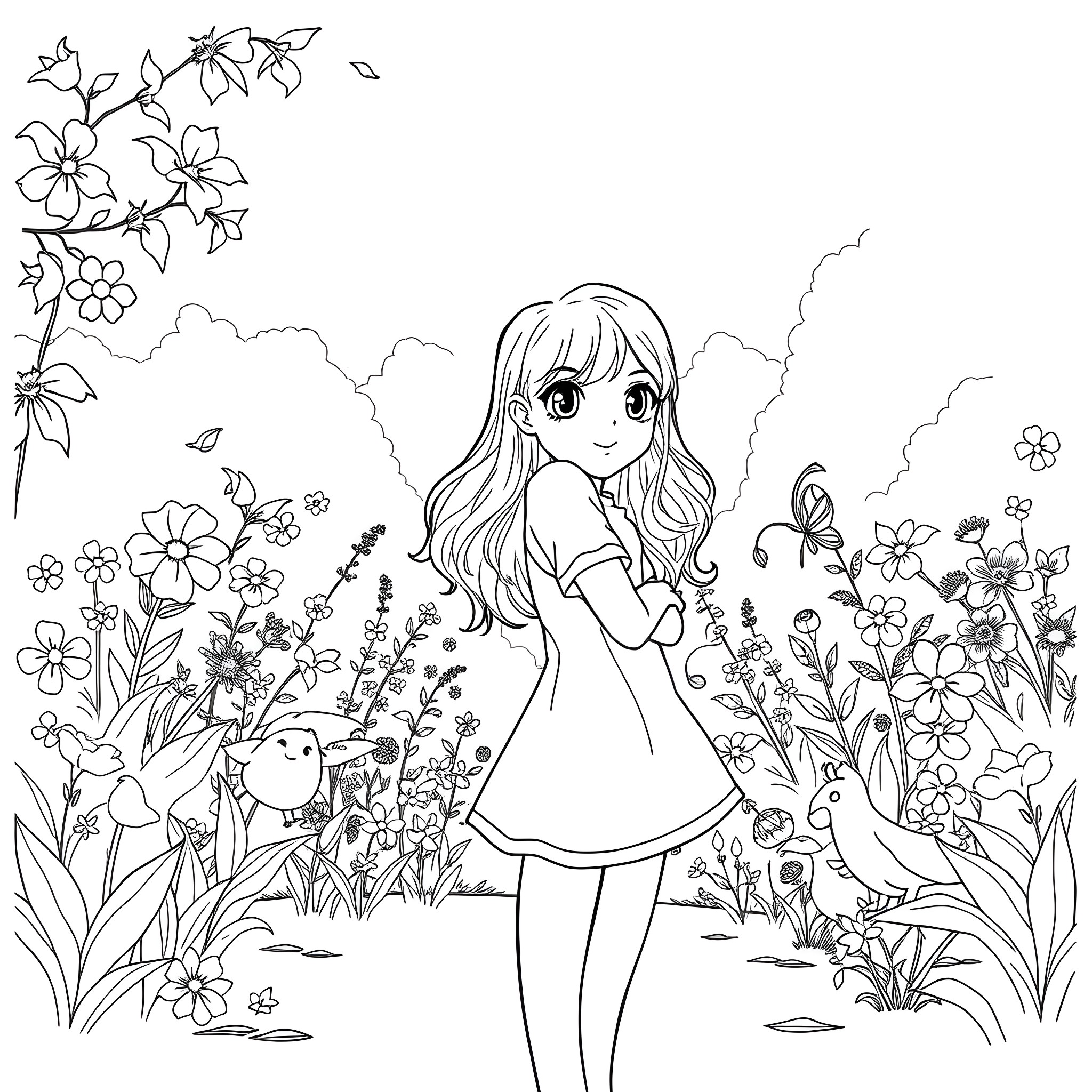 Girl surrounded by blooming flowers and nature Coloring Page (free black-and-white line drawing printable PDF for all, from beginners to advanced learners, including children, teens, adults, and seniors)