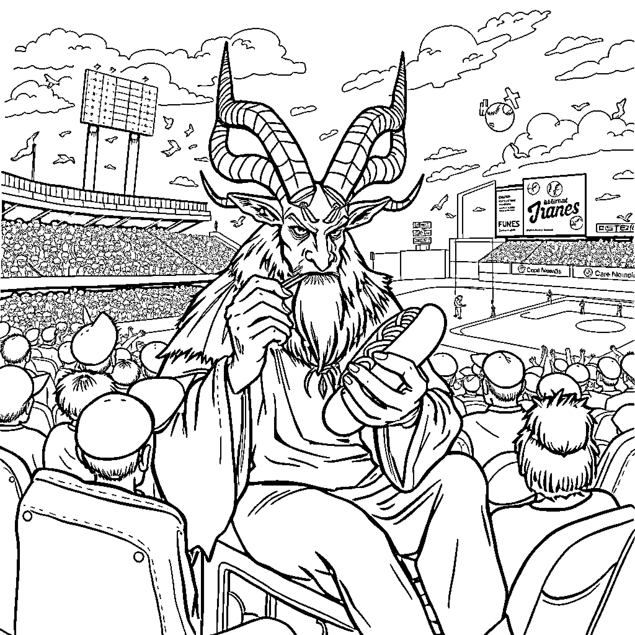 Baphomet interacting with a crowd at a lively event Coloring Page (free black-and-white line drawing printable PDF for all, from beginners to advanced learners, including children, teens, adults, and seniors)