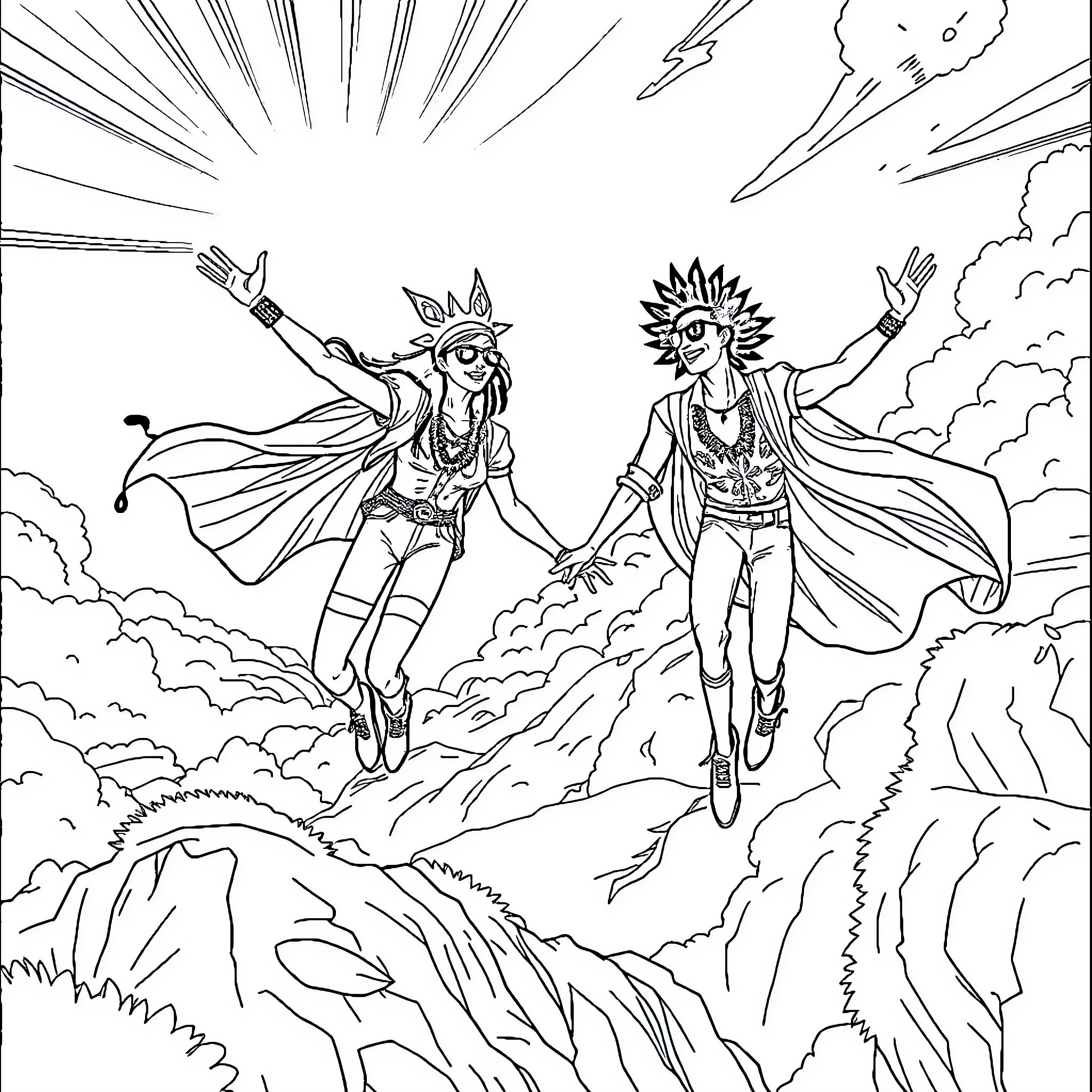 Wisin Y Yandel performing heroic feats in the sky Coloring Page (free black-and-white line drawing printable PDF for all, from beginners to advanced learners, including children, teens, adults, and seniors)