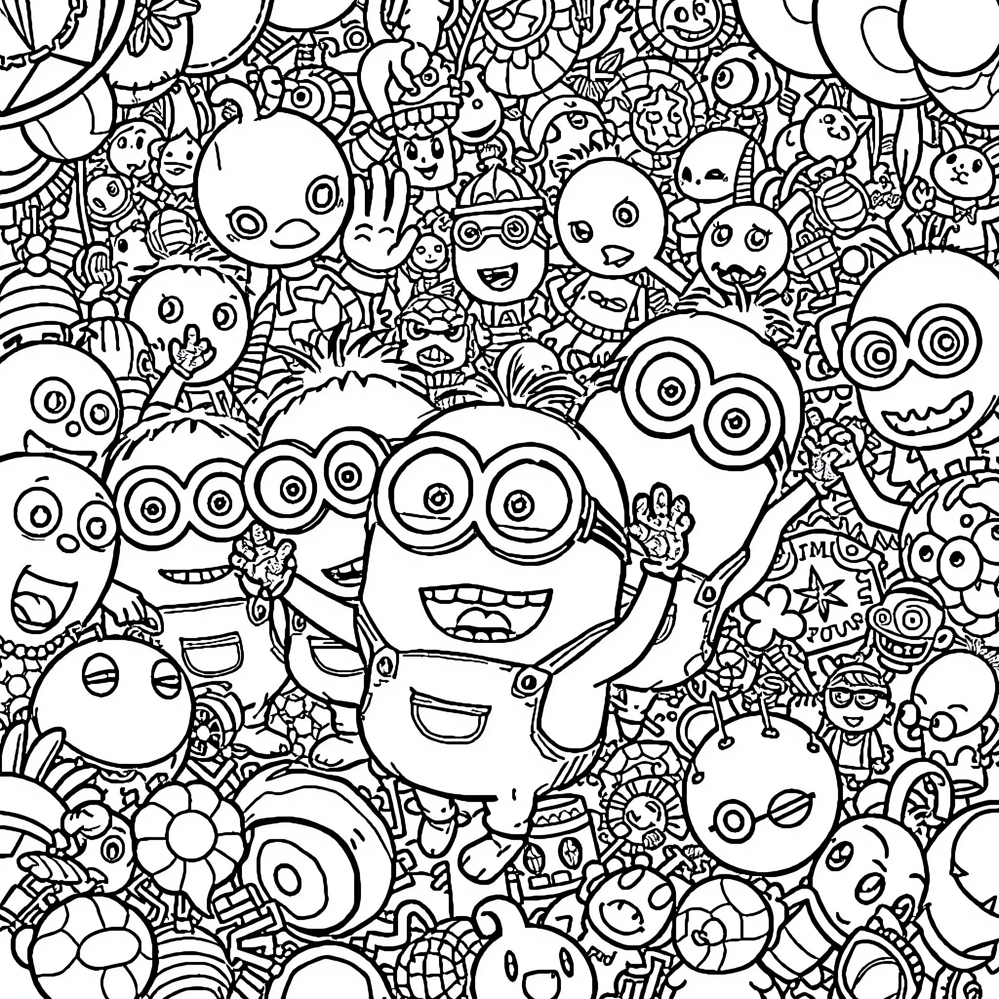 Minions in a Whimsical Doodle World Coloring Page (free black-and-white line drawing printable PDF for all, from beginners to advanced learners, including children, teens, adults, and seniors)