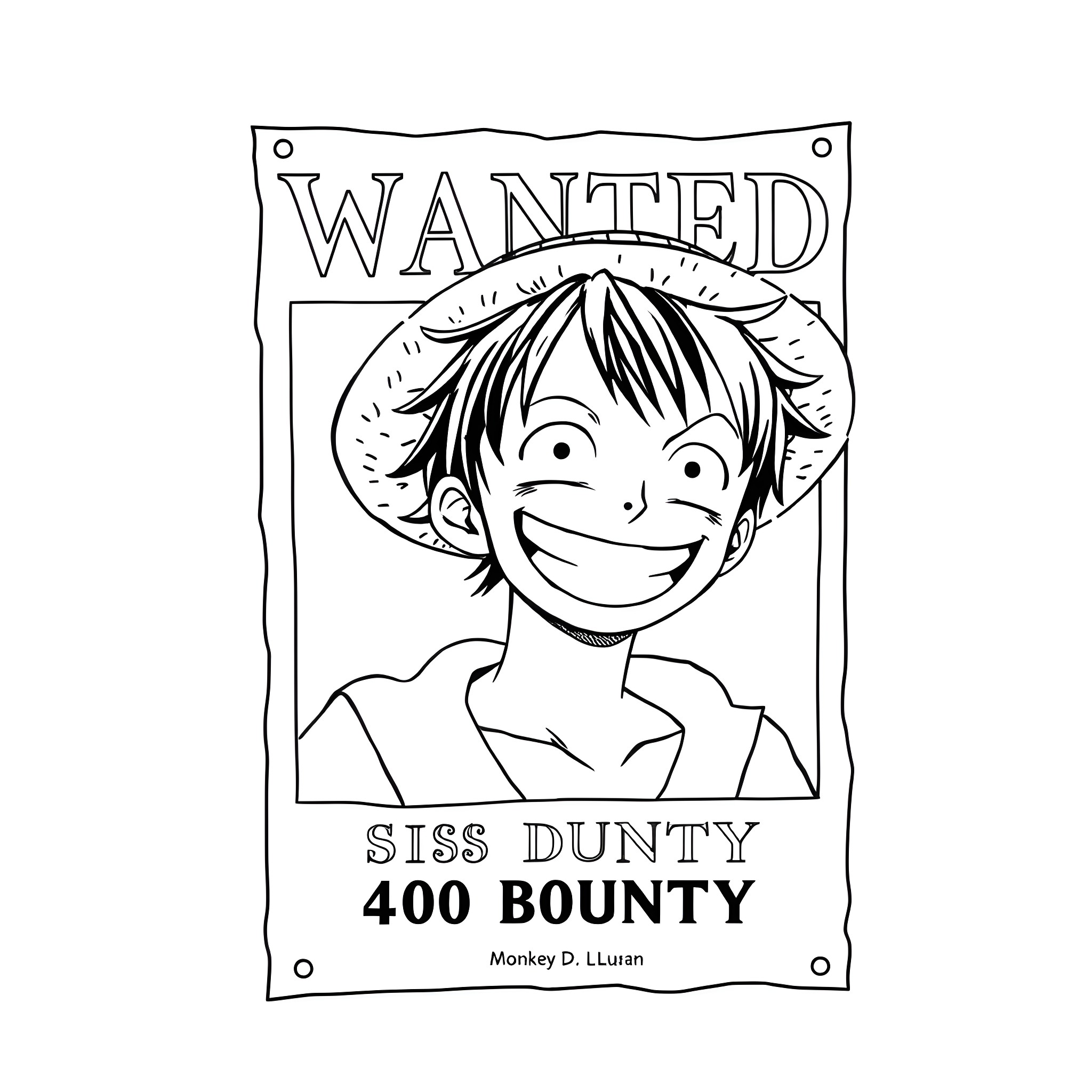 Monkey D Luffy Wanted Poster Coloring Page (free black-and-white line drawing printable PDF for all, from beginners to advanced learners, including children, teens, adults, and seniors)