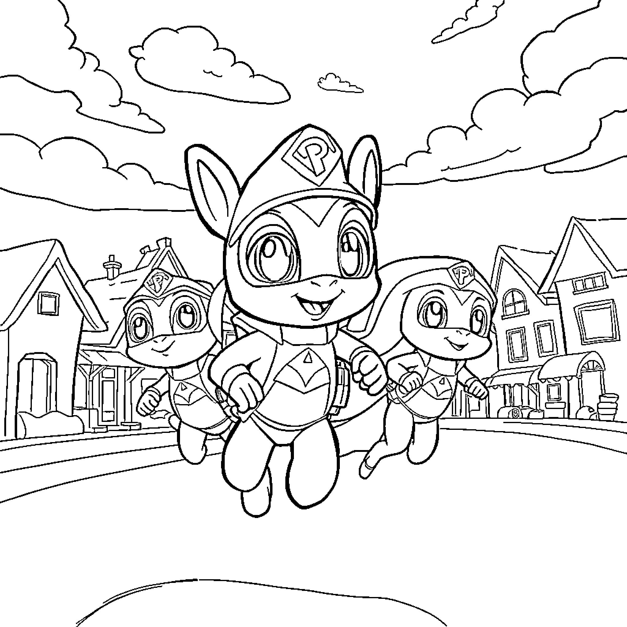 Patrouille of happy characters running through a village Coloring Page (free black-and-white line drawing printable PDF for all, from beginners to advanced learners, including children, teens, adults, and seniors)