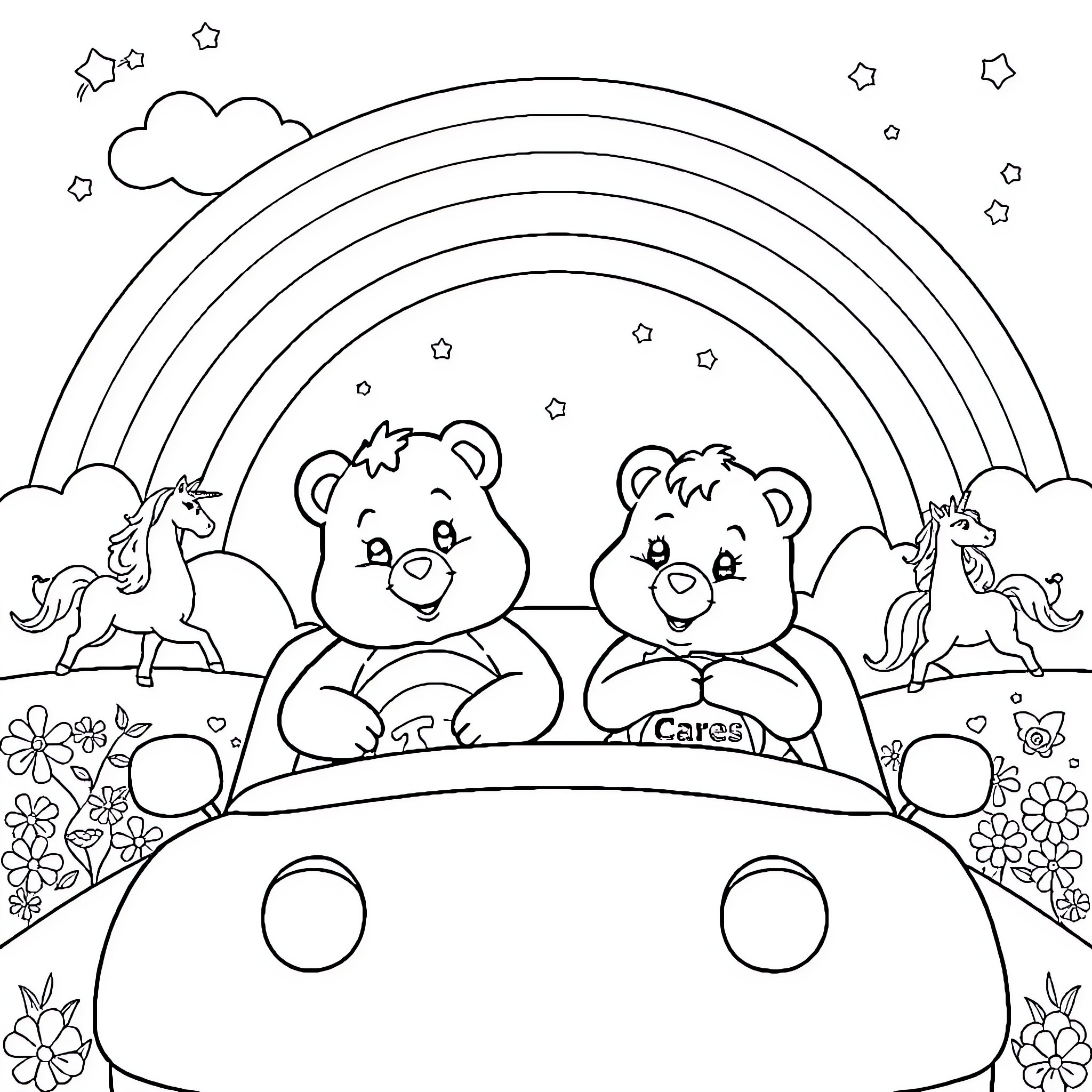 Care Bear and friends on a unicorn adventure Coloring Page (free black-and-white line drawing printable PDF for all, from beginners to advanced learners, including children, teens, adults, and seniors)