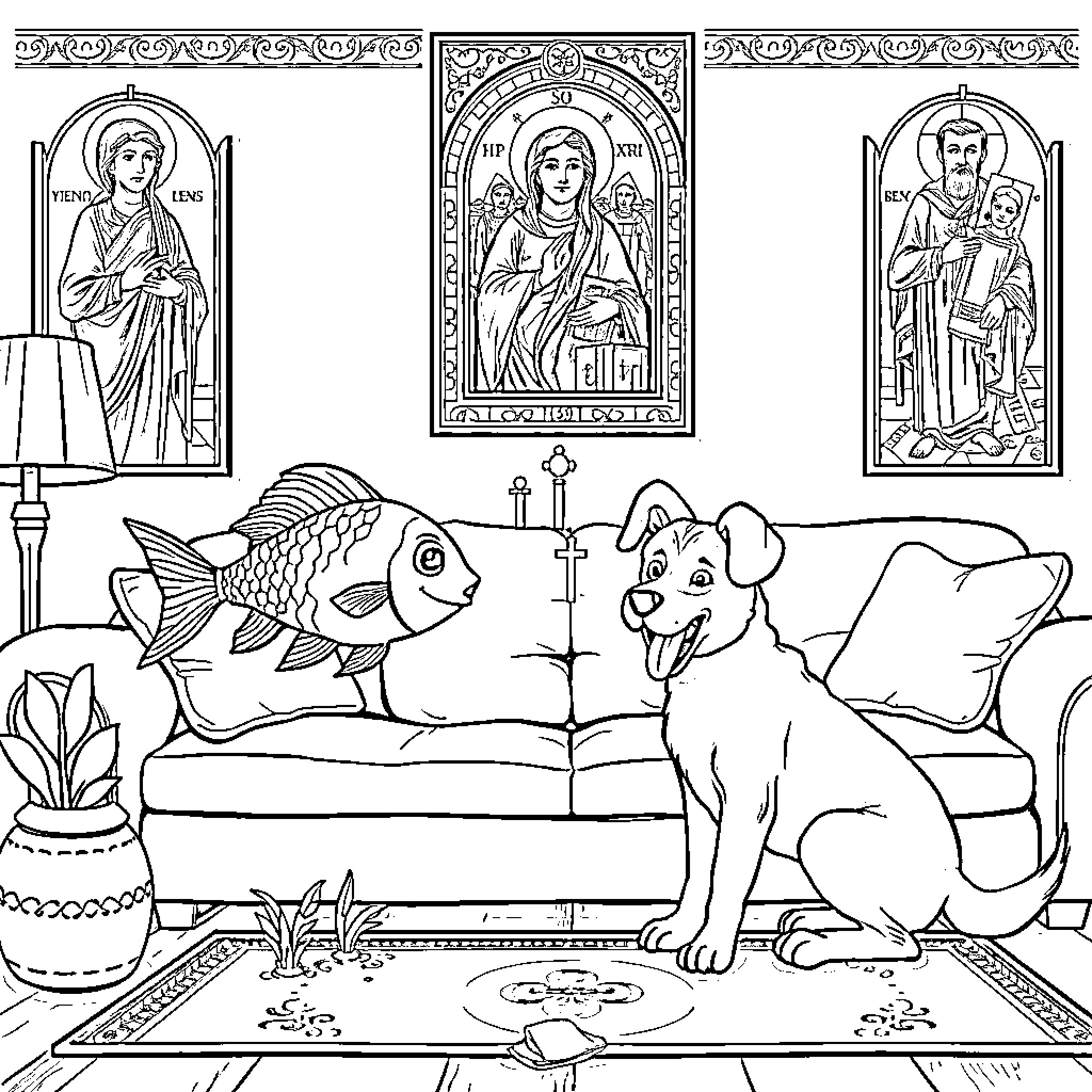 Fish, dog, and religious artwork in a home setting Coloring Page (free black-and-white line drawing printable PDF for all, from beginners to advanced learners, including children, teens, adults, and seniors)