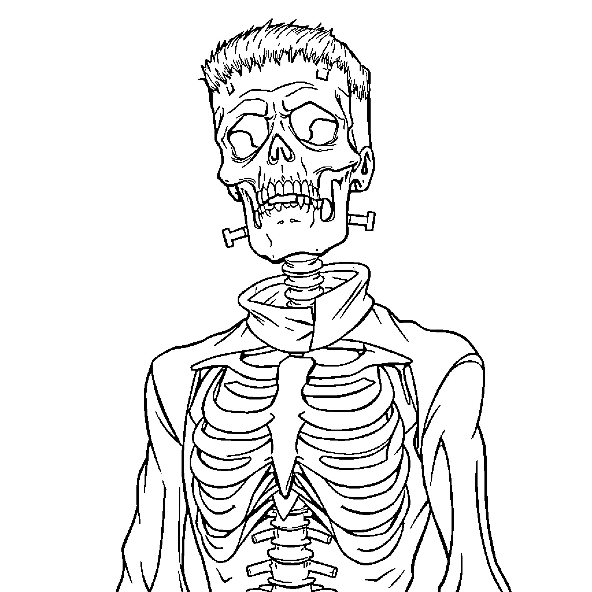 Skeleton Zombie in Distress Coloring Page (free black-and-white line drawing printable PDF for all, from beginners to advanced learners, including children, teens, adults, and seniors)