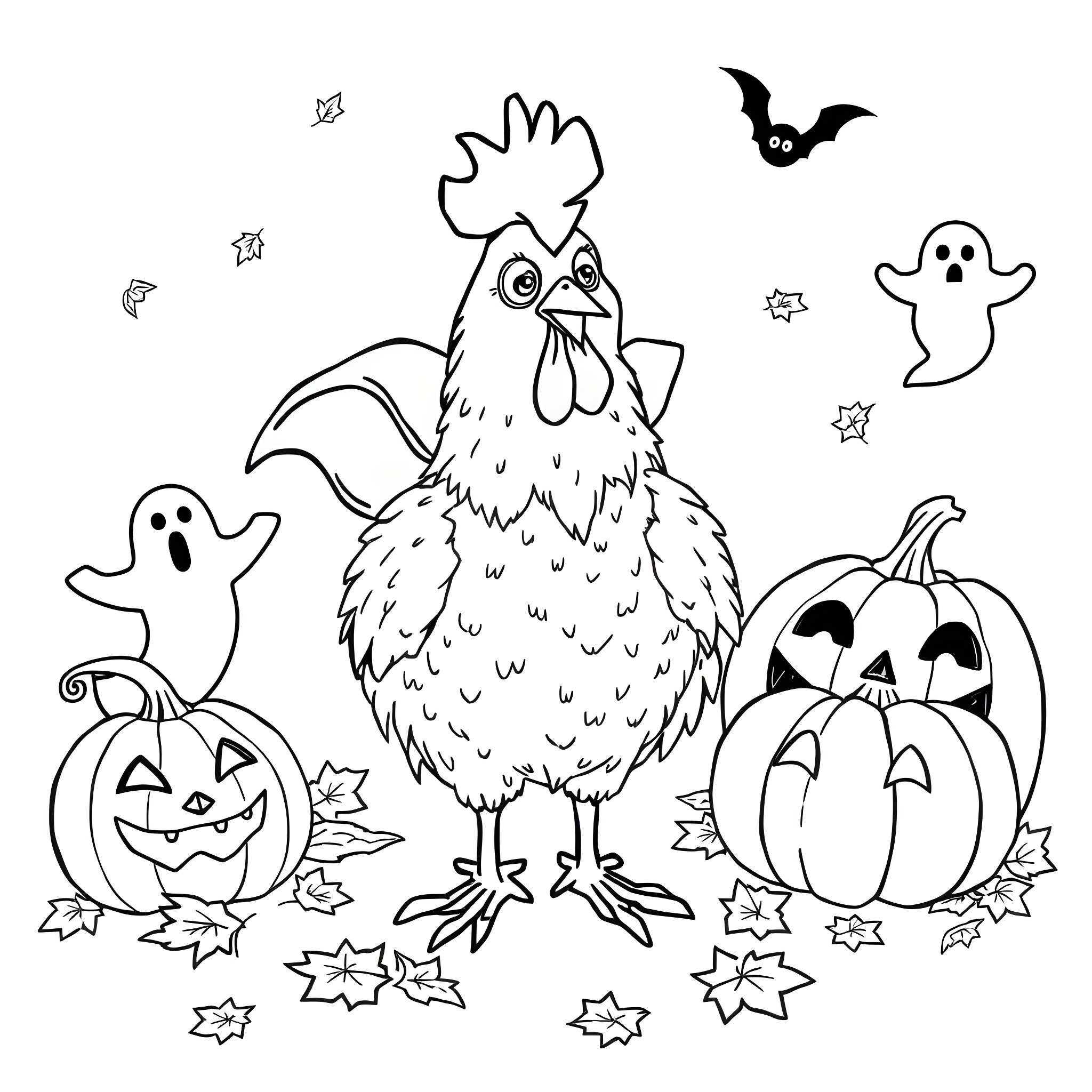 Chicken among Halloween decorations Coloring Page (free black-and-white line drawing printable PDF for all, from beginners to advanced learners, including children, teens, adults, and seniors)
