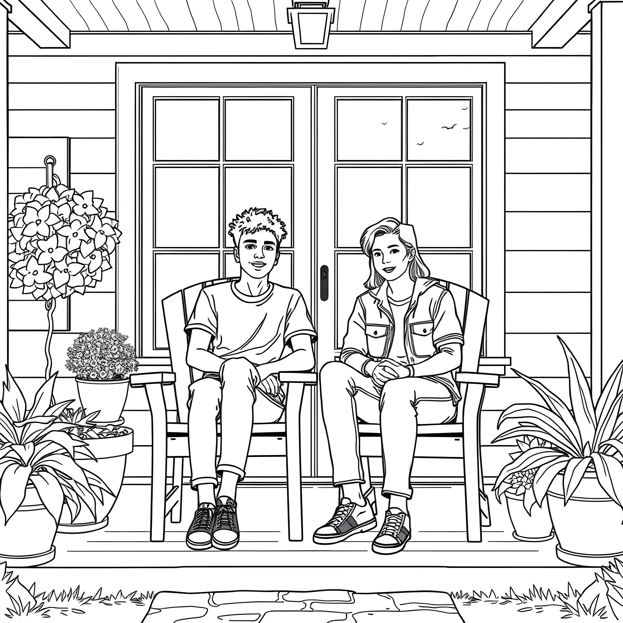 Teen Guy and Girl Relaxing on Porch Coloring Page (free black-and-white line drawing printable PDF for all, from beginners to advanced learners, including children, teens, adults, and seniors)