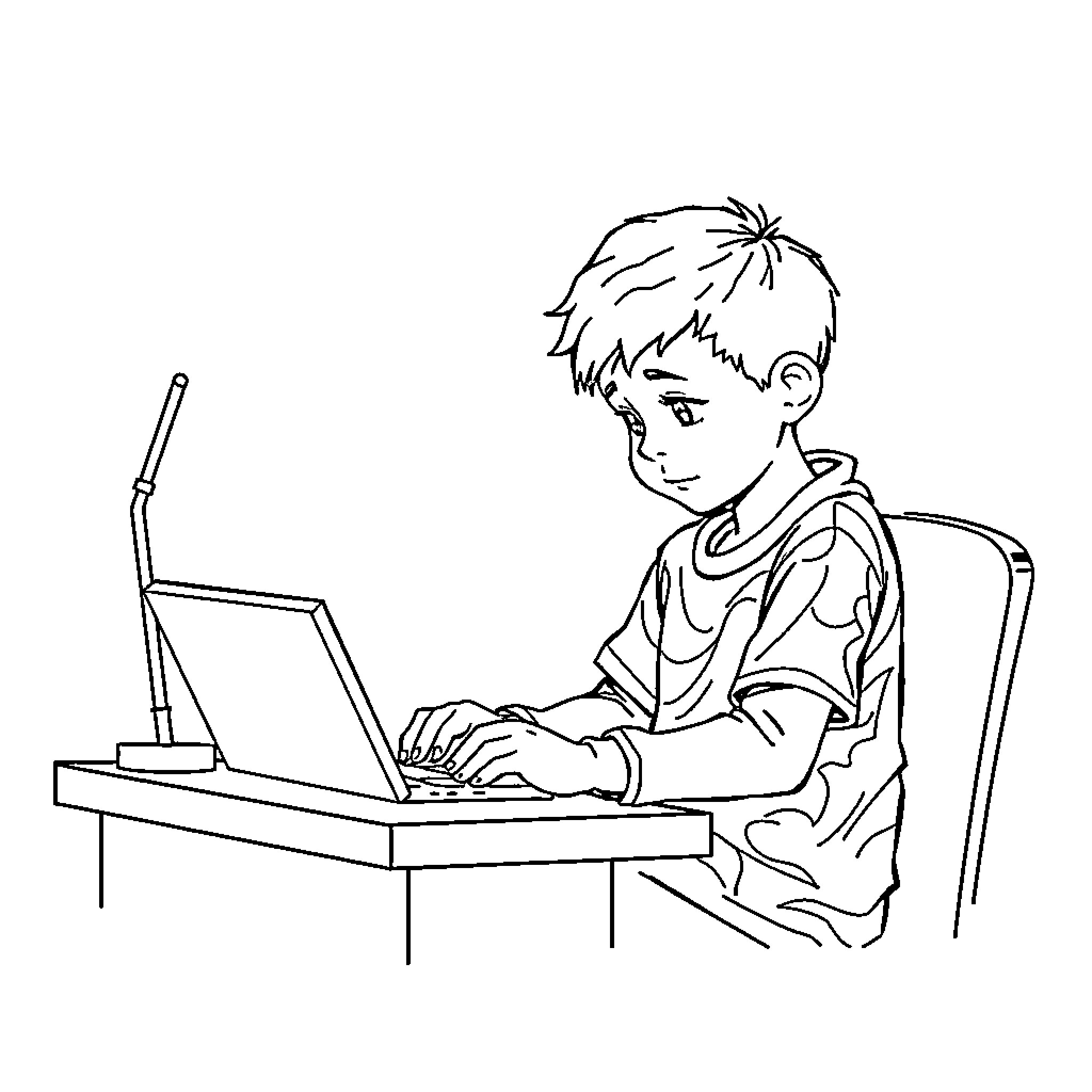 Student Working Diligently on Laptop Coloring Page (free black-and-white line drawing printable PDF for all, from beginners to advanced learners, including children, teens, adults, and seniors)