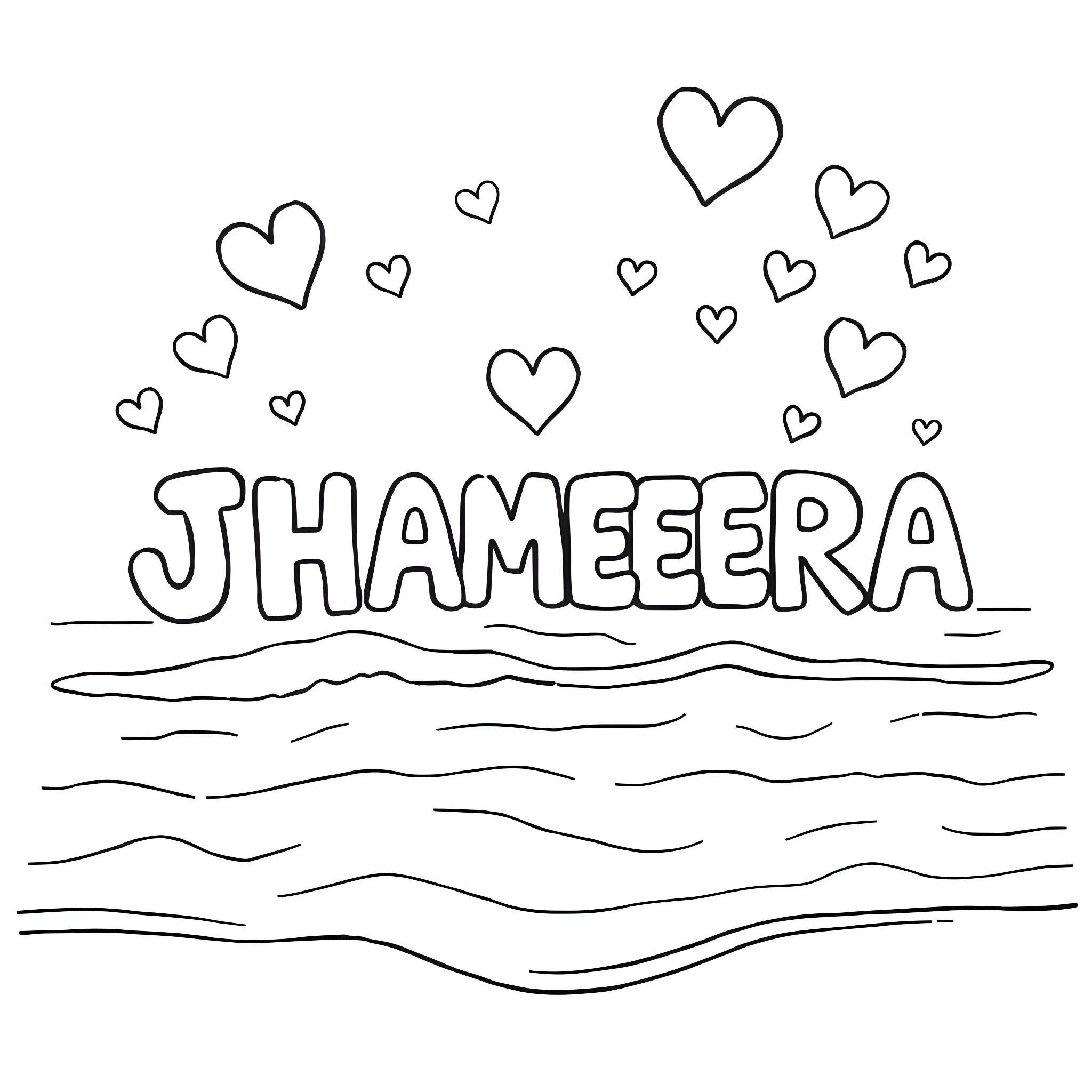 Heart-shaped image with the name Jhameera Coloring Page (free black-and-white line drawing printable PDF for all, from beginners to advanced learners, including children, teens, adults, and seniors)