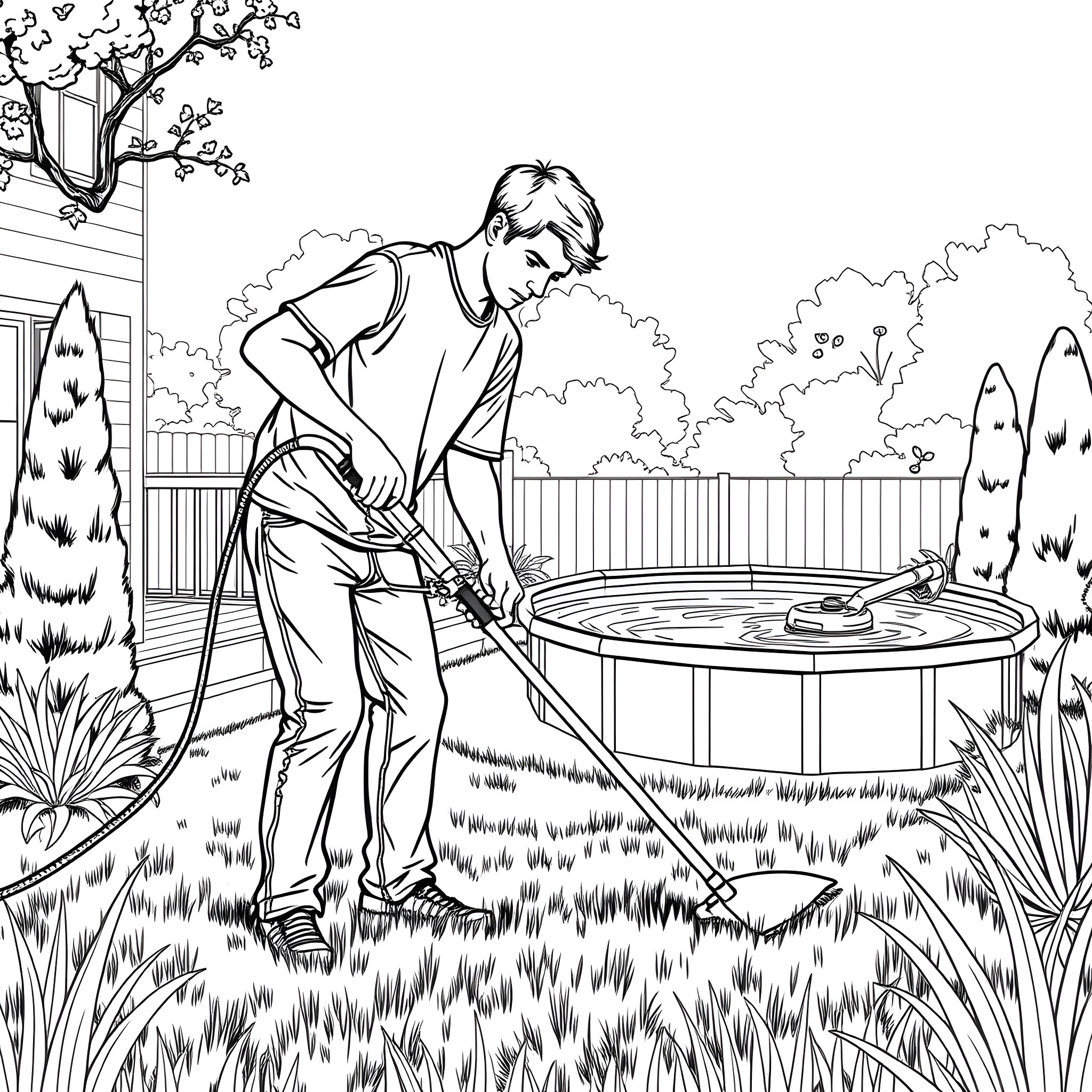 Guy working diligently in the backyard garden Coloring Page (free black-and-white line drawing printable PDF for all, from beginners to advanced learners, including children, teens, adults, and seniors)