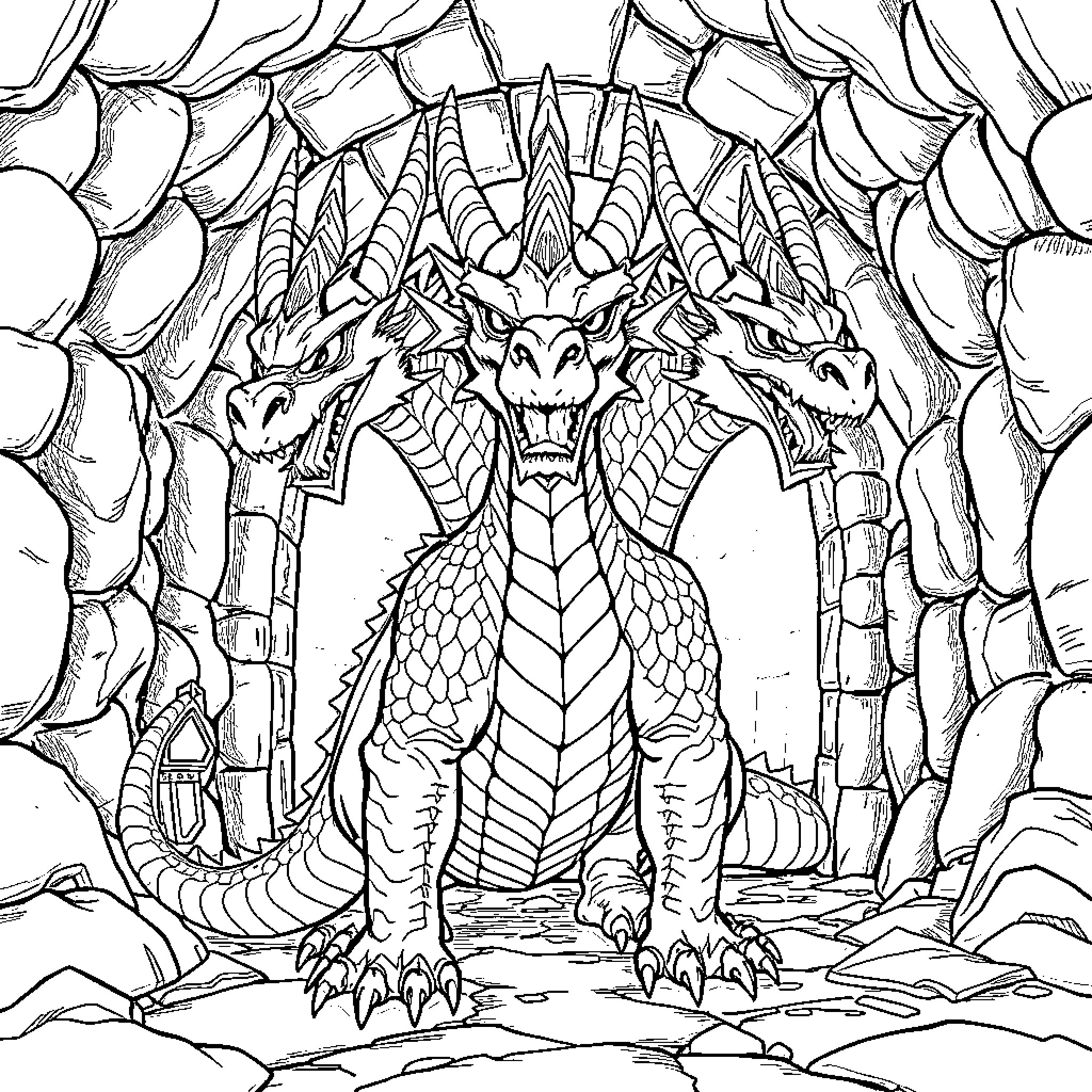 Dragon emerging from the lair Coloring Page (free black-and-white line drawing printable PDF for all, from beginners to advanced learners, including children, teens, adults, and seniors)