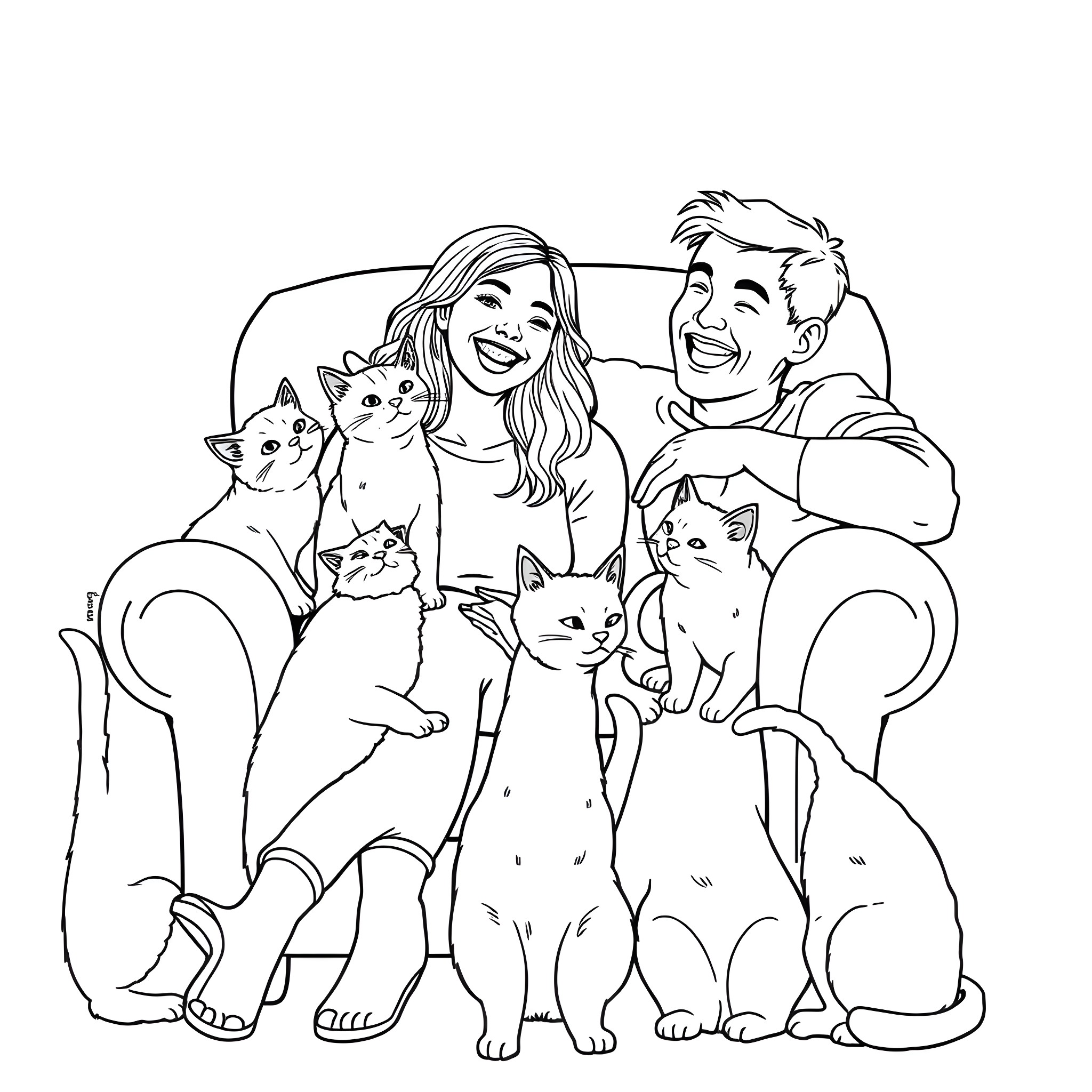 Lady with Family and Pets Enjoying Leisure Time Coloring Page (free black-and-white line drawing printable PDF for all, from beginners to advanced learners, including children, teens, adults, and seniors)