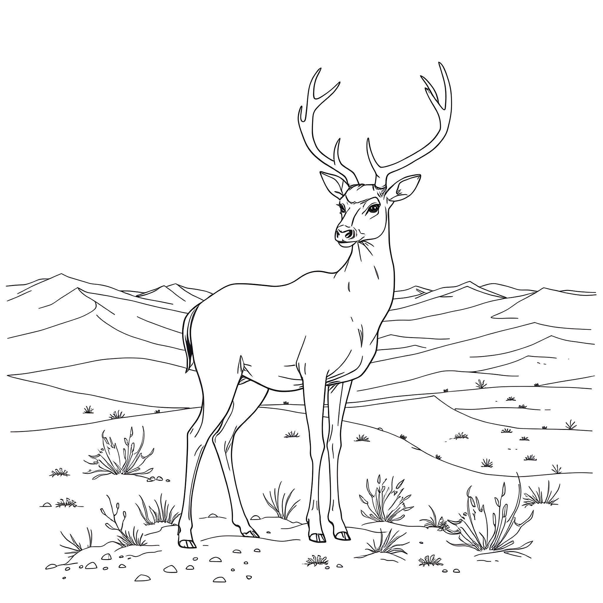 Deer standing in the wilderness Coloring Page (free black-and-white line drawing printable PDF for all, from beginners to advanced learners, including children, teens, adults, and seniors)