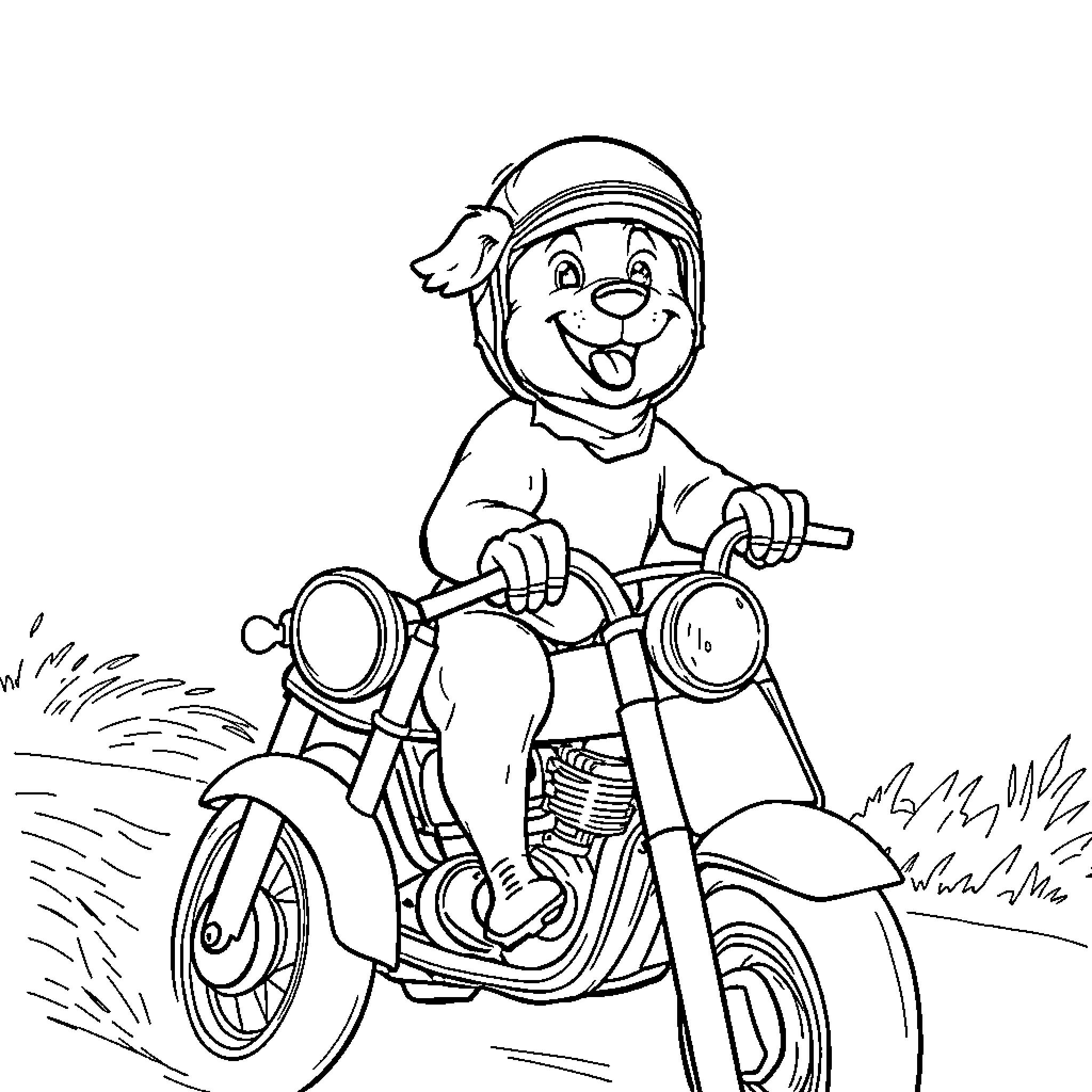 Dog riding a motorcycle joyfully Coloring Page (free black-and-white line drawing printable PDF for all, from beginners to advanced learners, including children, teens, adults, and seniors)