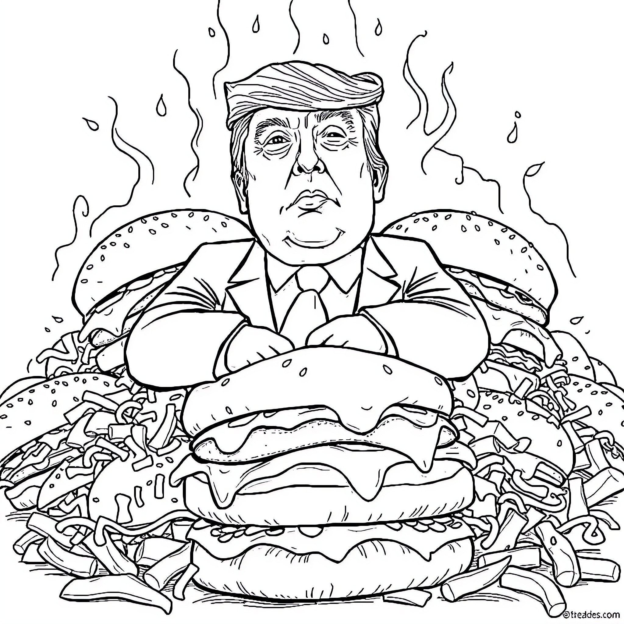 Trump Devouring an Oversized Cheeseburger Coloring Page (free black-and-white line drawing printable PDF for all, from beginners to advanced learners, including children, teens, adults, and seniors)