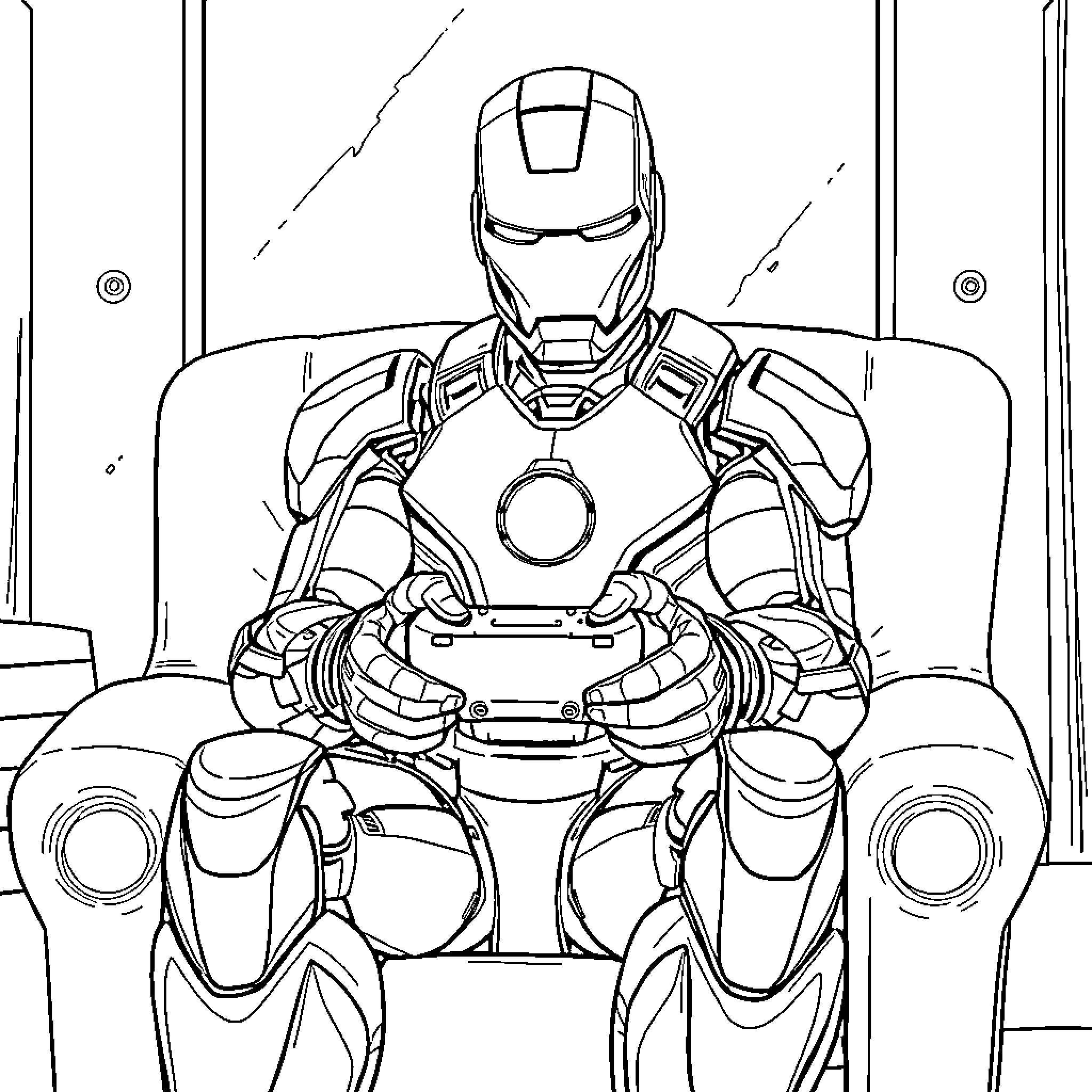 Iron Man in Thought-Provoking Pose Coloring Page (free black-and-white line drawing printable PDF for all, from beginners to advanced learners, including children, teens, adults, and seniors)