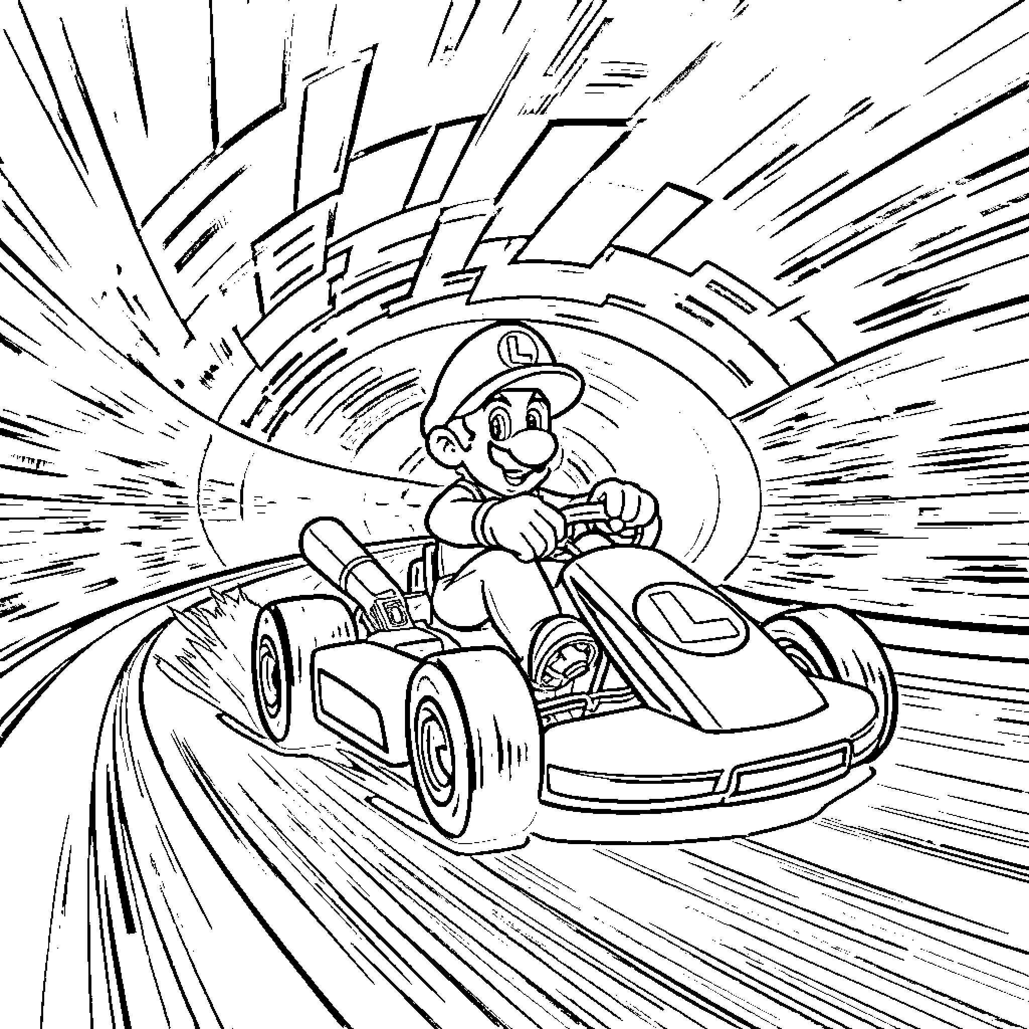 Luigi's Speedy Kart Adventure Coloring Page (free black-and-white line drawing printable PDF for all, from beginners to advanced learners, including children, teens, adults, and seniors)