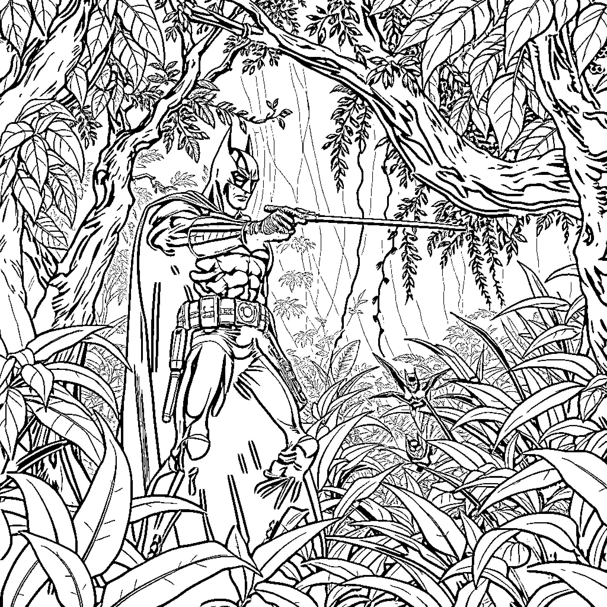 Militaire Warrior Battling Through Dense Jungle Foliage Coloring Page (free black-and-white line drawing printable PDF for all, from beginners to advanced learners, including children, teens, adults, and seniors)