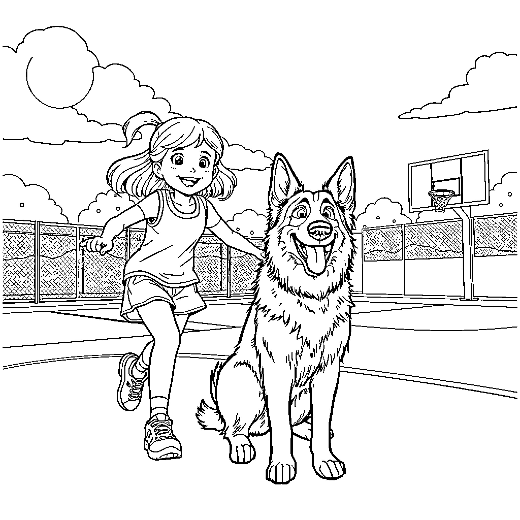 Girl playing happily with her dog on the court Coloring Page (free black-and-white line drawing printable PDF for all, from beginners to advanced learners, including children, teens, adults, and seniors)