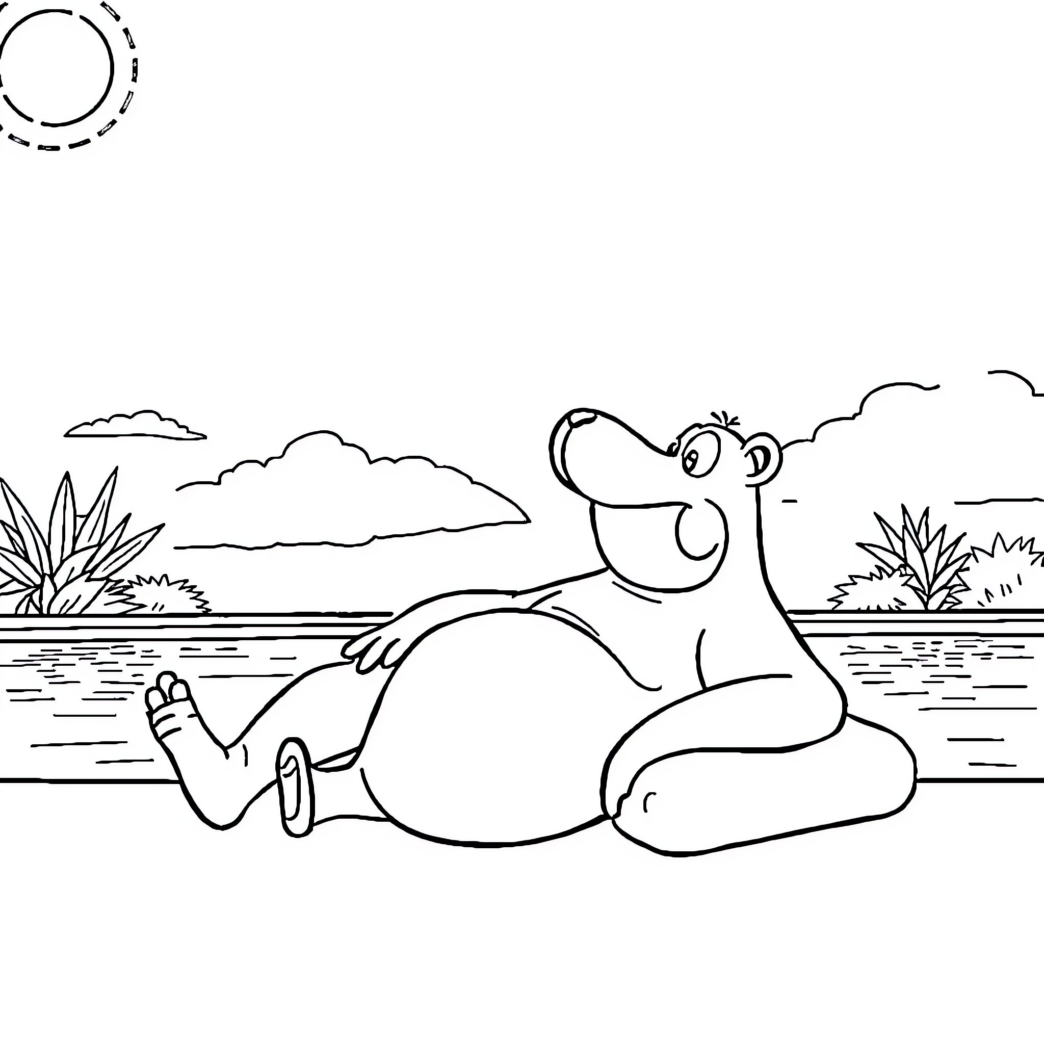 Oncle Piscou relaxing at the lake Coloring Page (free black-and-white line drawing printable PDF for all, from beginners to advanced learners, including children, teens, adults, and seniors)