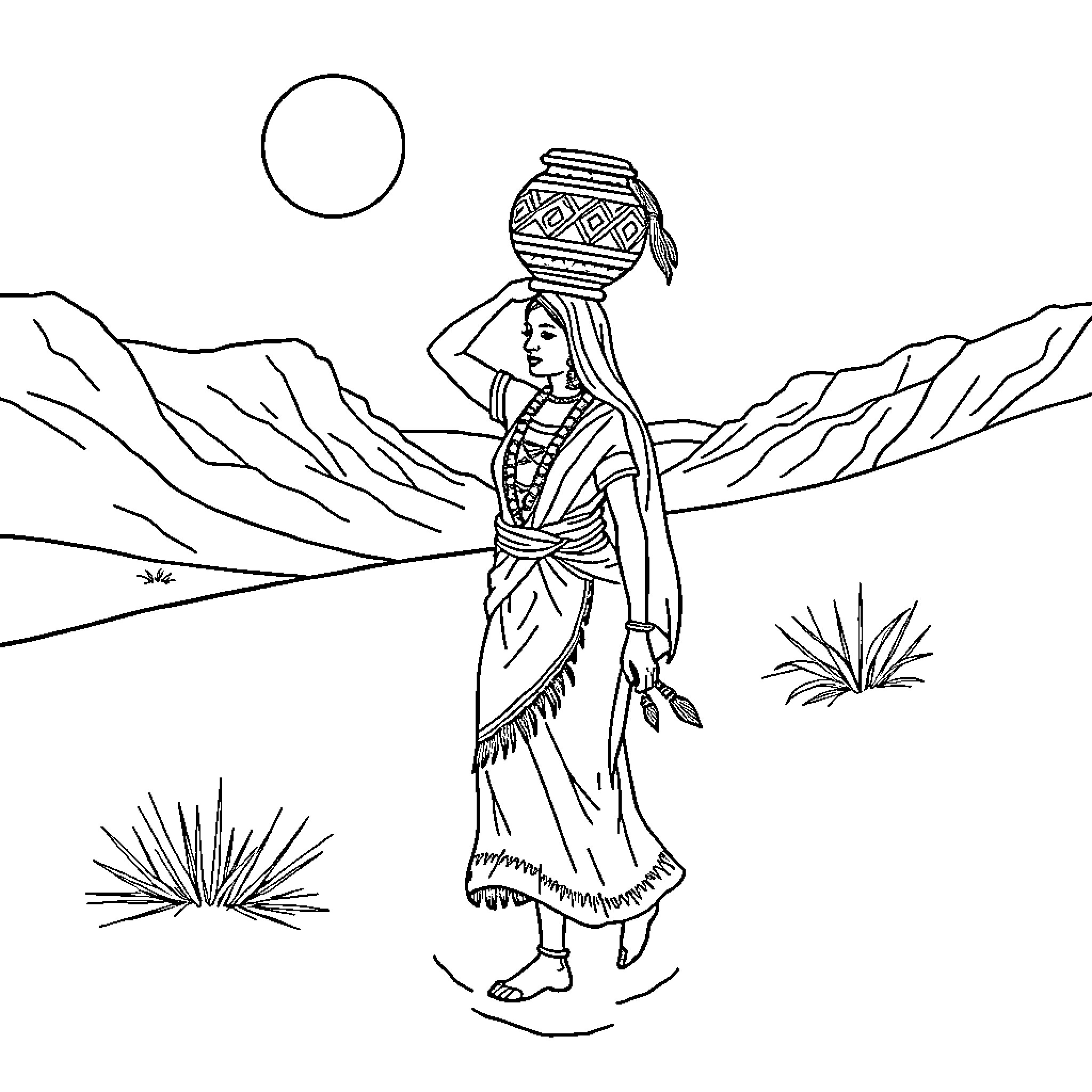 Woman carrying ornate basket in mountainous landscape Coloring Page (free black-and-white line drawing printable PDF for all, from beginners to advanced learners, including children, teens, adults, and seniors)
