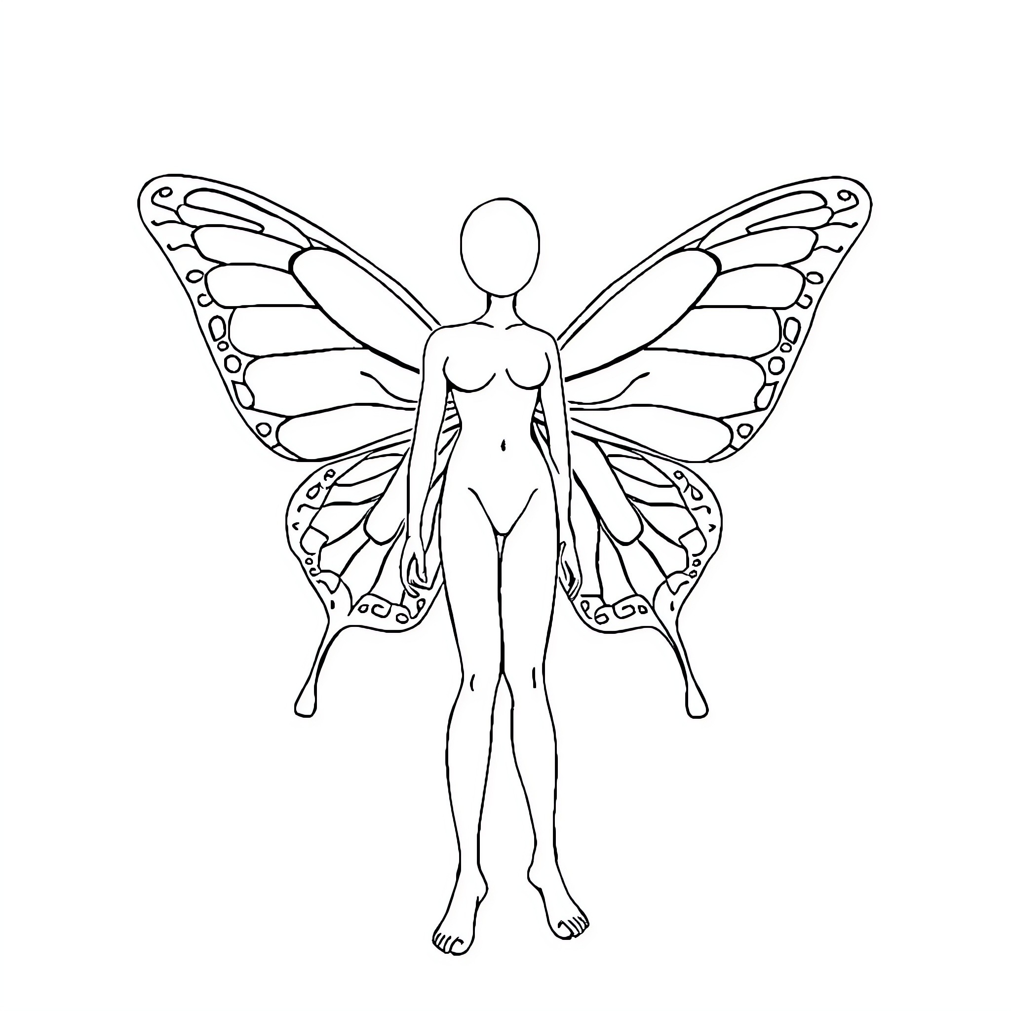 Butterfly-winged figure in contemplative pose Coloring Page (free black-and-white line drawing printable PDF for all, from beginners to advanced learners, including children, teens, adults, and seniors)