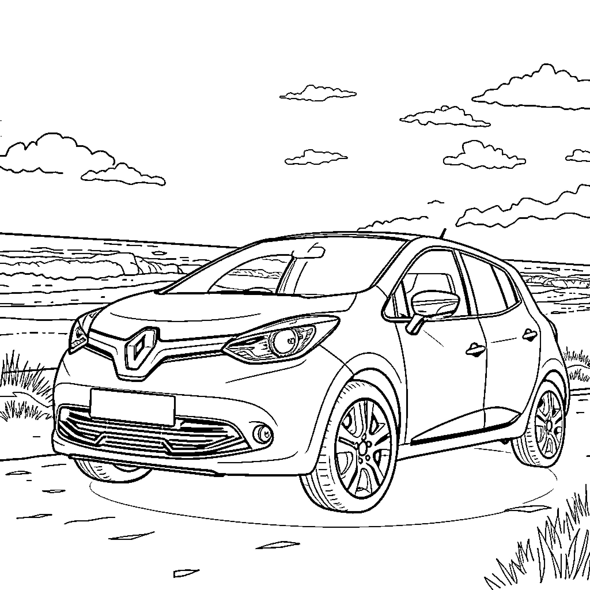 Renault SUV on a scenic coastal landscape Coloring Page (free black-and-white line drawing printable PDF for all, from beginners to advanced learners, including children, teens, adults, and seniors)