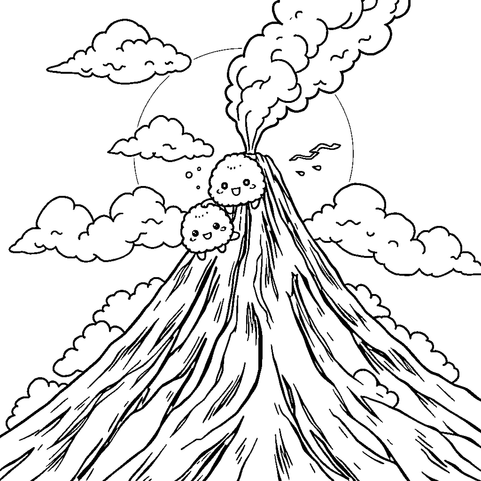 Onigiri shaped volcanic eruption with puffed clouds Coloring Page (free black-and-white line drawing printable PDF for all, from beginners to advanced learners, including children, teens, adults, and seniors)