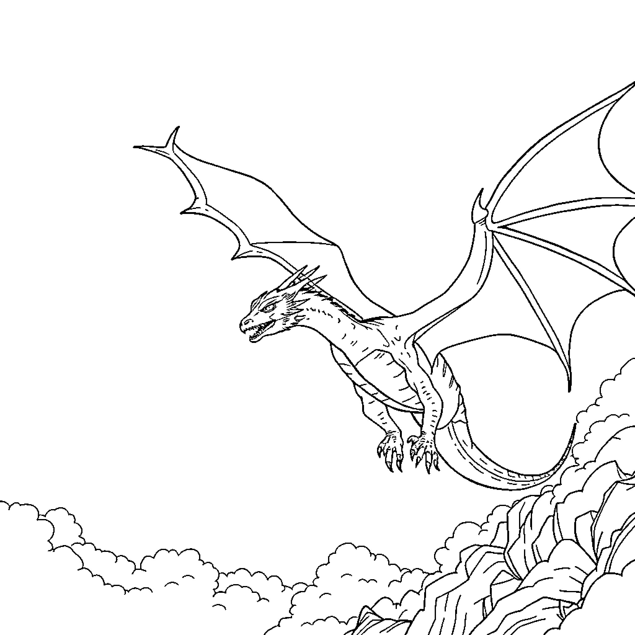 Dragon soaring over the clouds Coloring Page (free black-and-white line drawing printable PDF for all, from beginners to advanced learners, including children, teens, adults, and seniors)