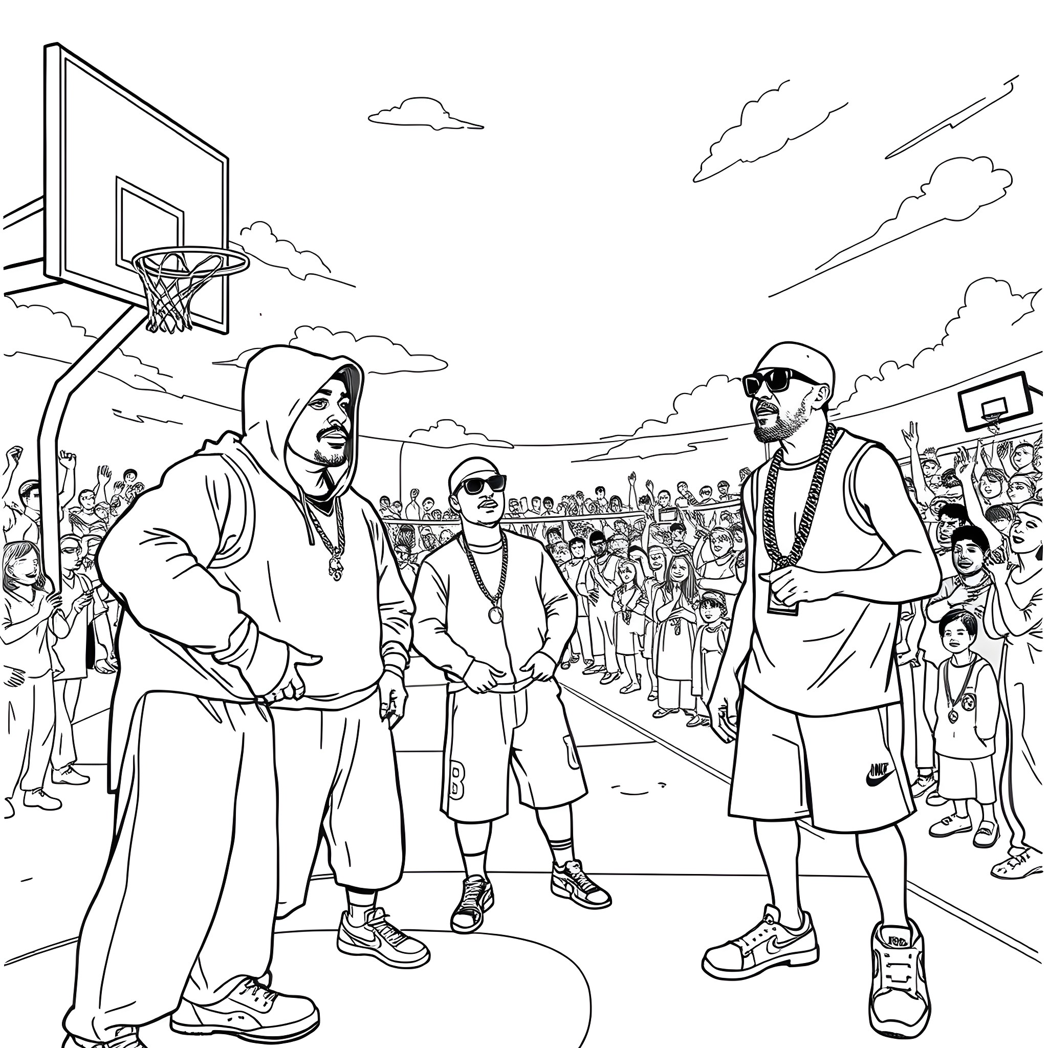 Basketball Street Game with Players and Spectators Coloring Page (free black-and-white line drawing printable PDF for all, from beginners to advanced learners, including children, teens, adults, and seniors)