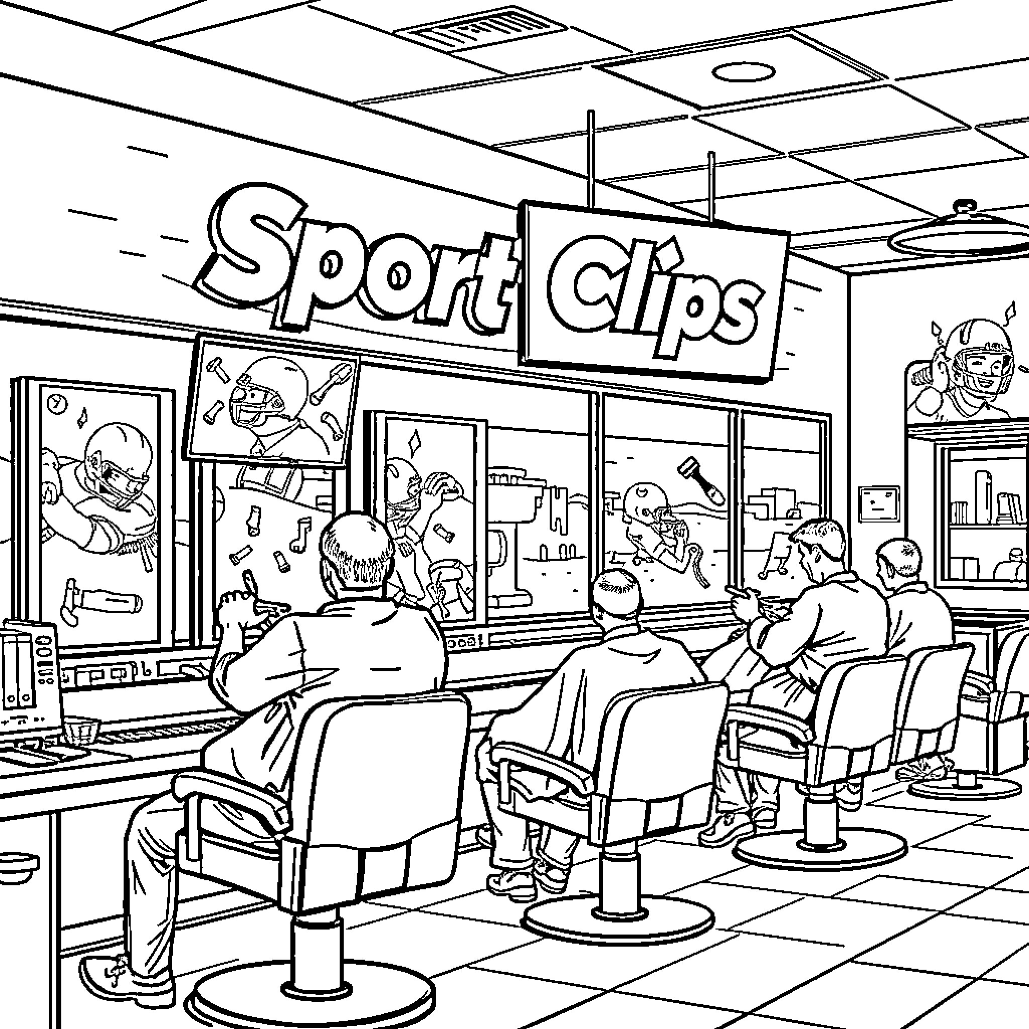 Sport Fans Watching Game in Barbershop Coloring Page (free black-and-white line drawing printable PDF for all, from beginners to advanced learners, including children, teens, adults, and seniors)
