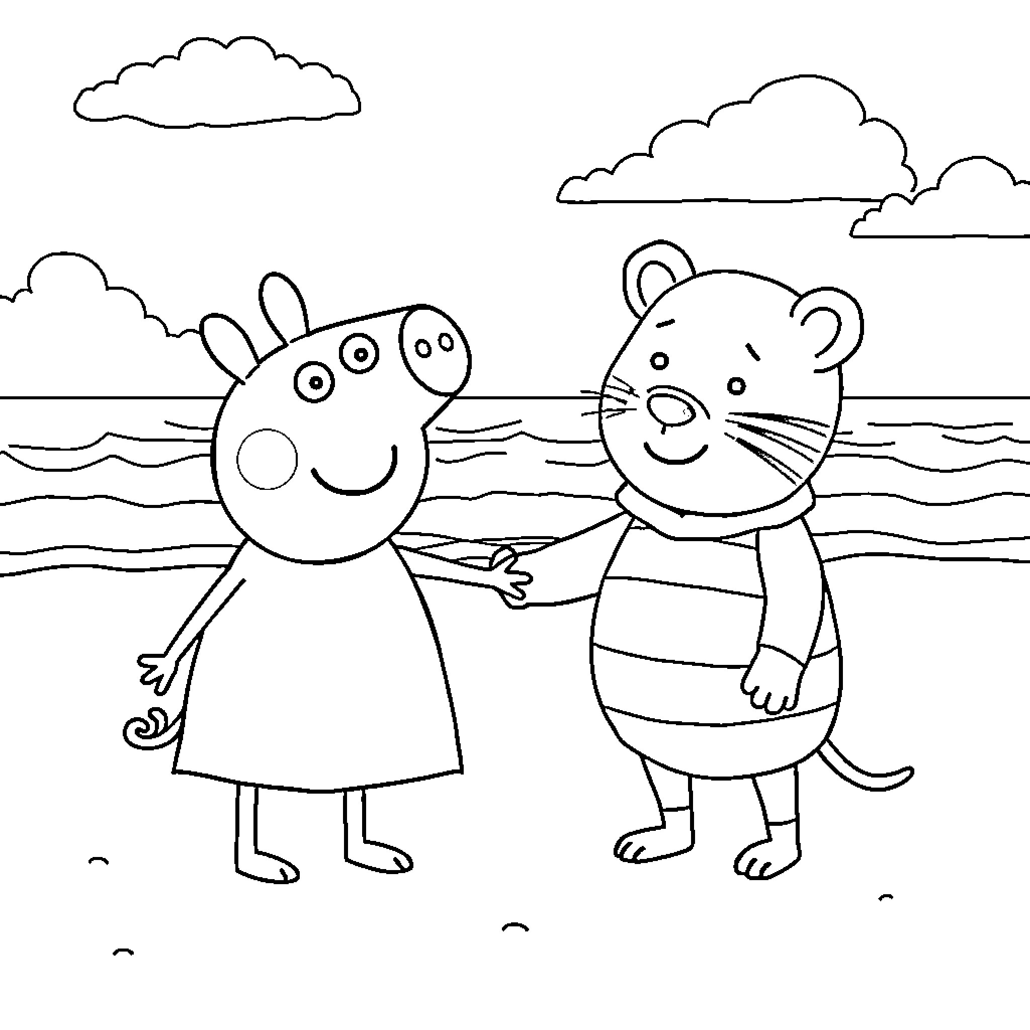 Peppa Pig and Monkey playing by the sea Coloring Page (free black-and-white line drawing printable PDF for all, from beginners to advanced learners, including children, teens, adults, and seniors)