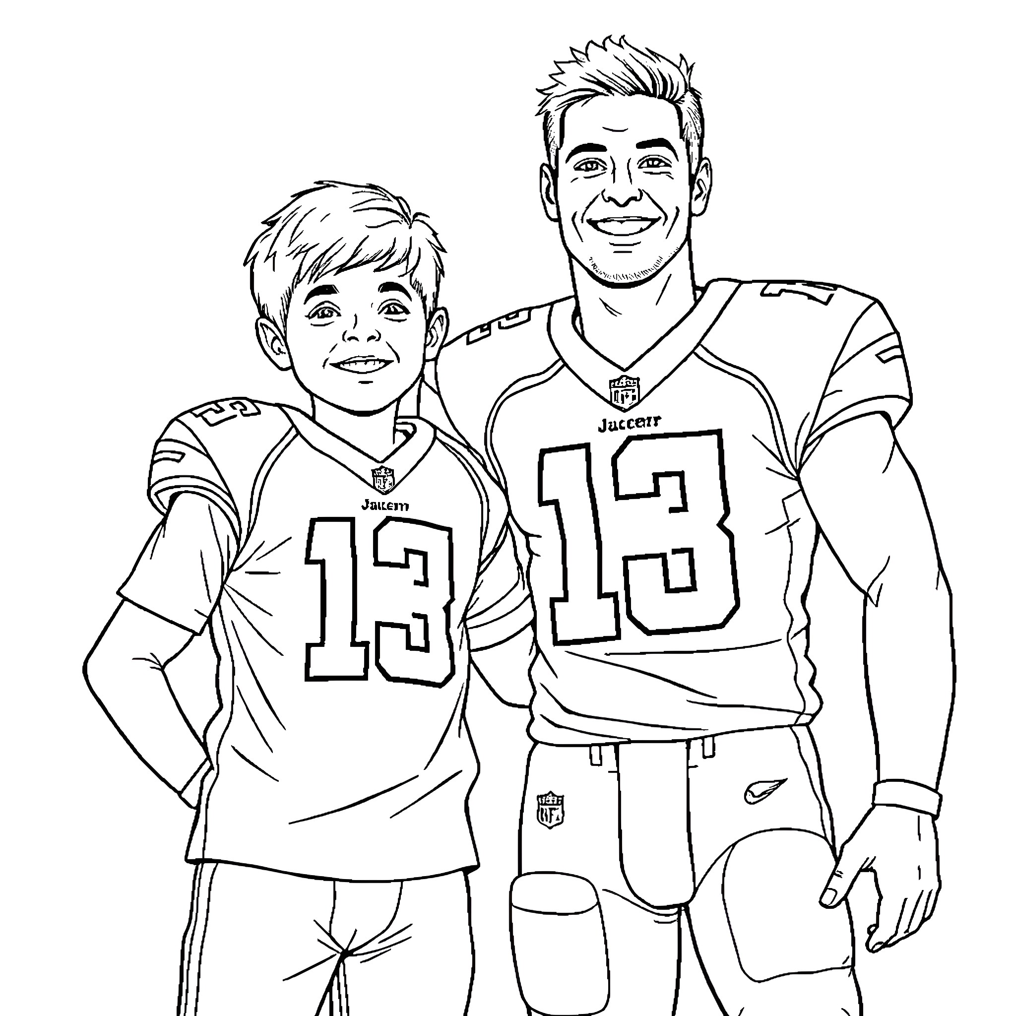 Boy and man in football jerseys together Coloring Page (free black-and-white line drawing printable PDF for all, from beginners to advanced learners, including children, teens, adults, and seniors)