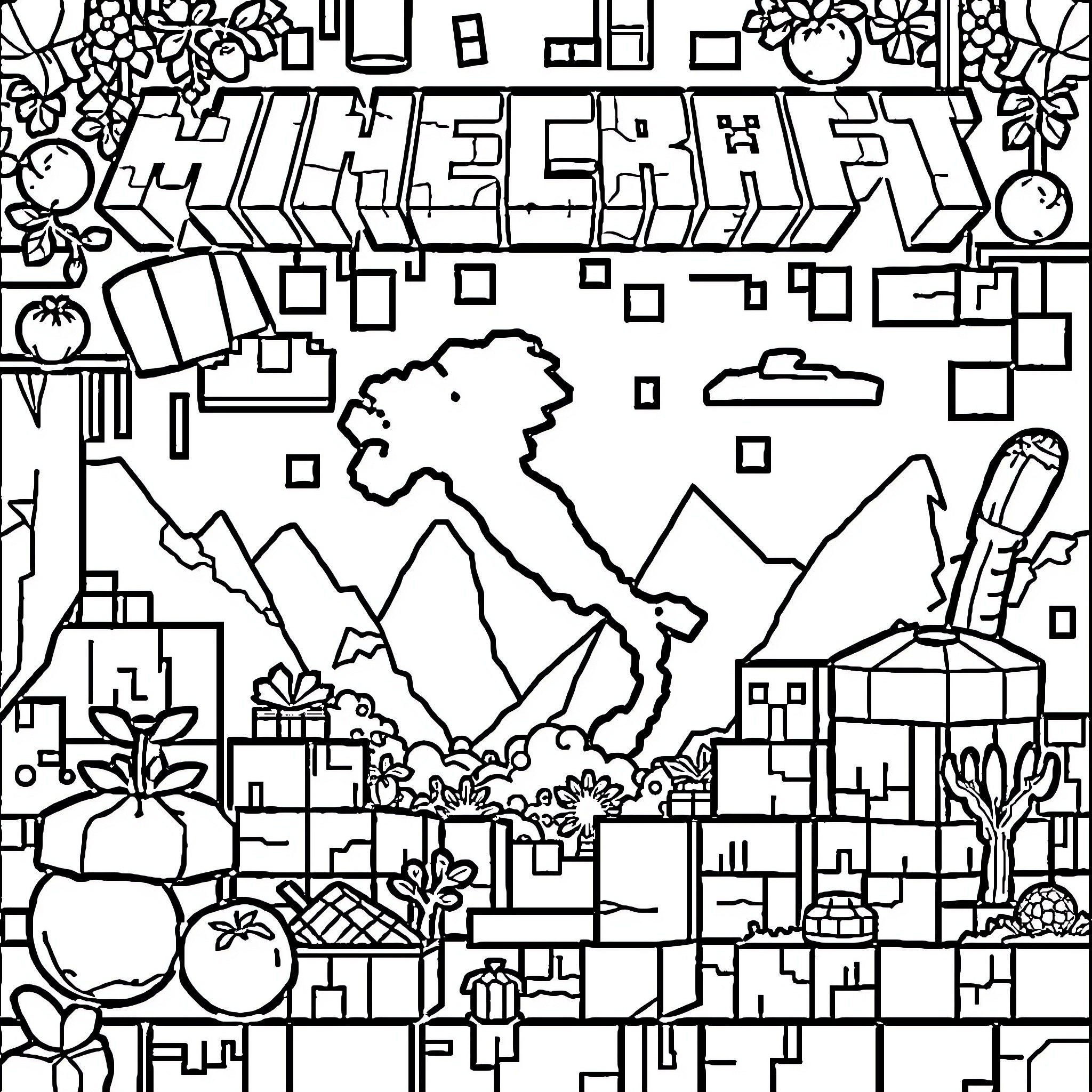 Italian Geometric Landscape with Abstract Decorations Coloring Page (free black-and-white line drawing printable PDF for all, from beginners to advanced learners, including children, teens, adults, and seniors)