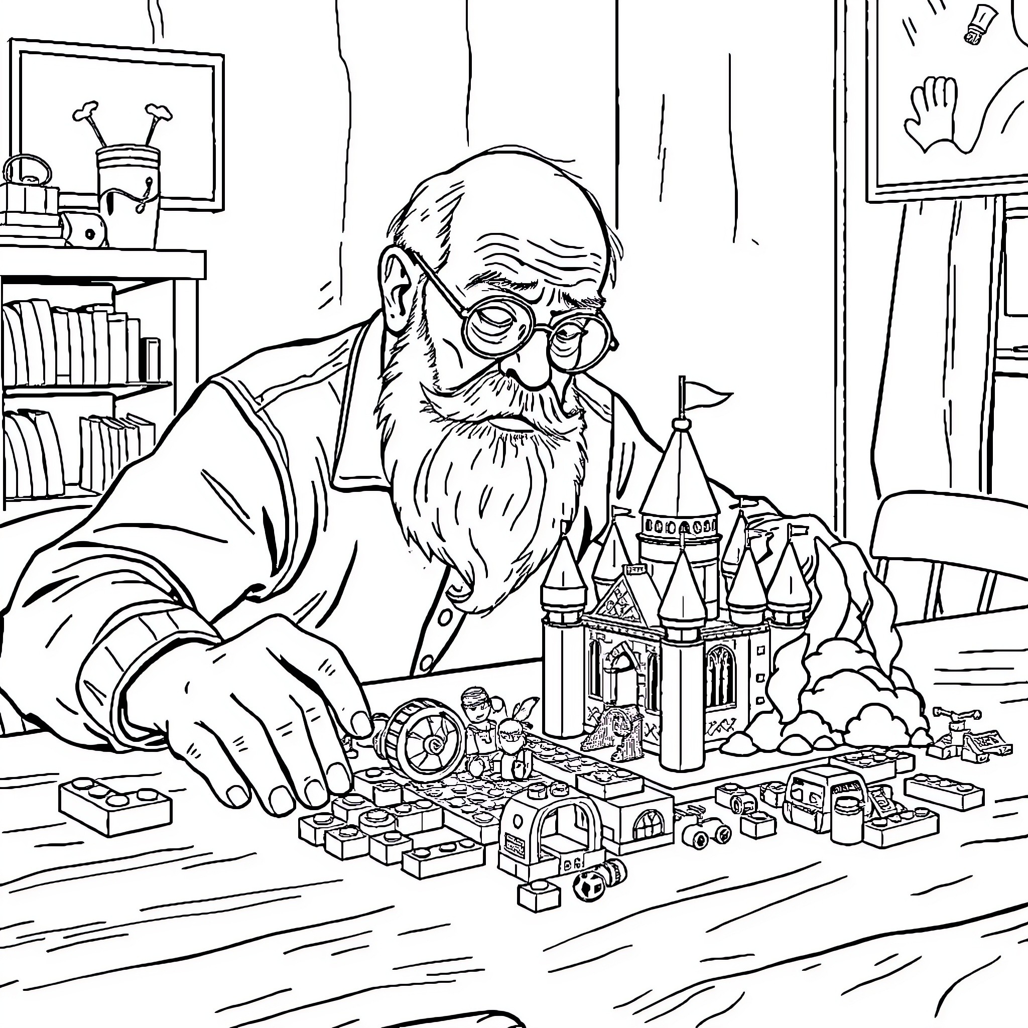 Man creating model castle with toys in workshop Coloring Page (free black-and-white line drawing printable PDF for all, from beginners to advanced learners, including children, teens, adults, and seniors)