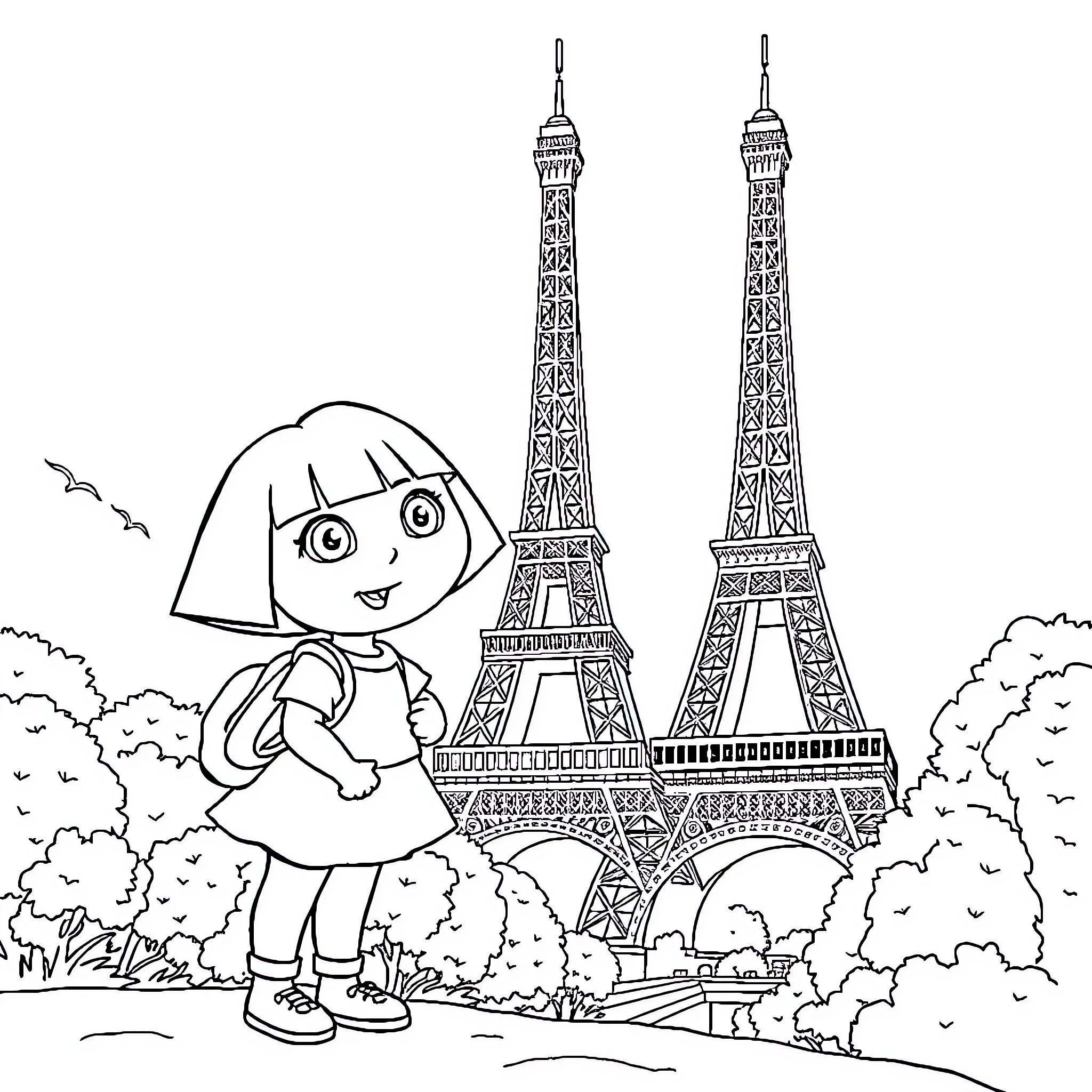 Dora exploring the Eiffel Tower in Paris Coloring Page (free black-and-white line drawing printable PDF for all, from beginners to advanced learners, including children, teens, adults, and seniors)