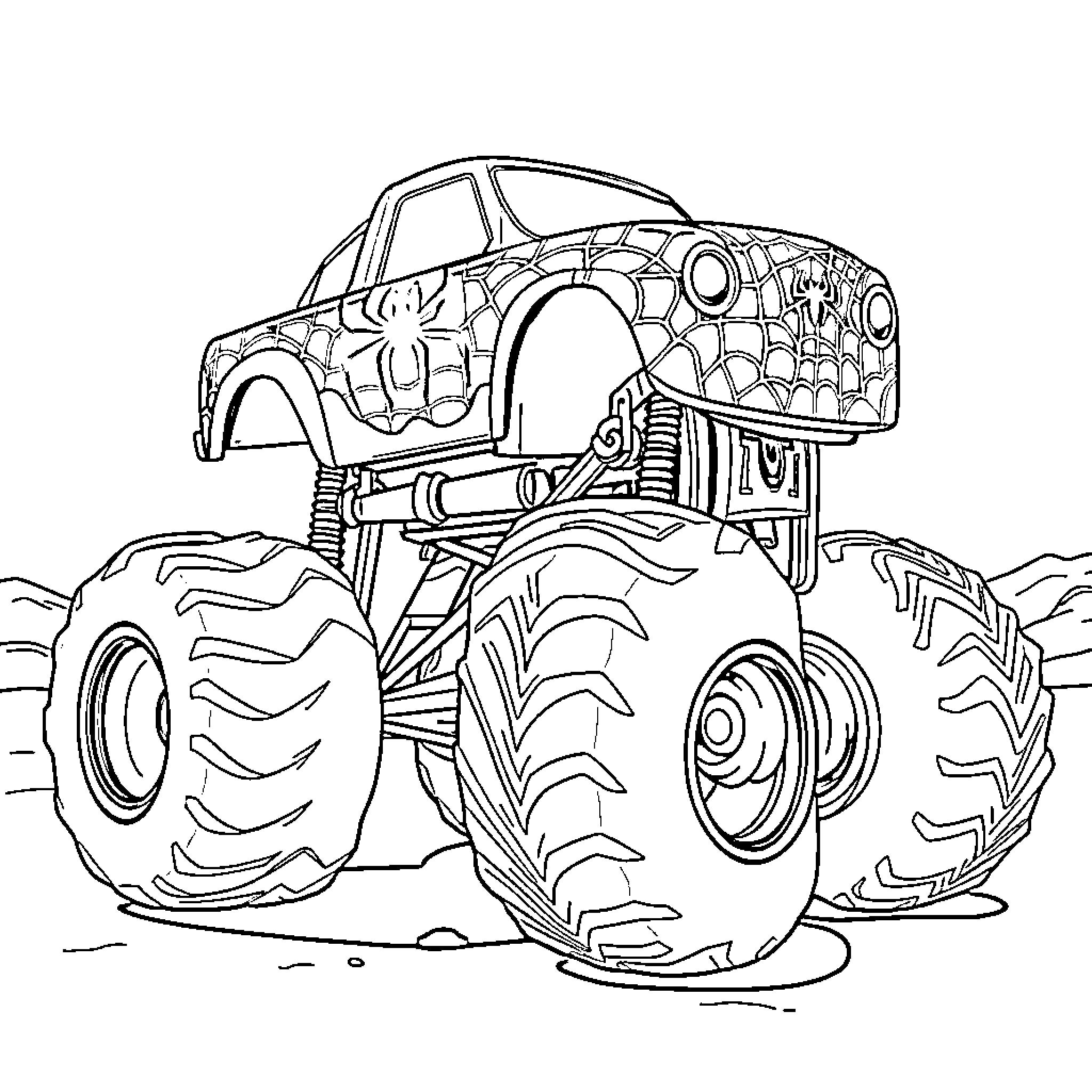 Monster Truck Crushing Over Obstacles Coloring Page (free black-and-white line drawing printable PDF for all, from beginners to advanced learners, including children, teens, adults, and seniors)