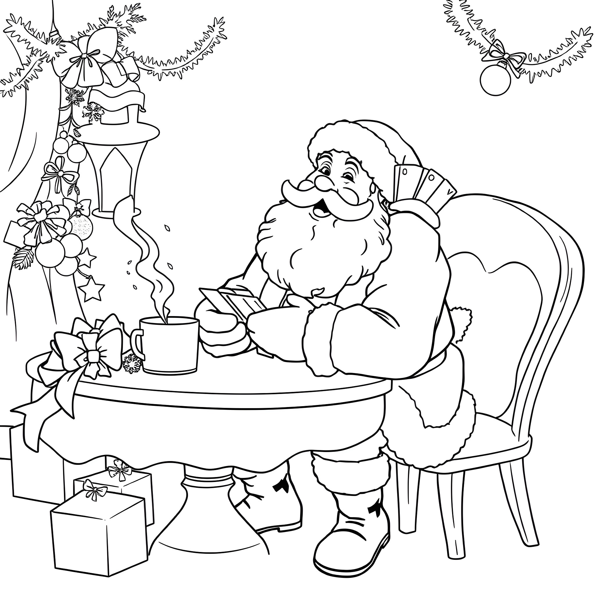 Santa Claus enjoying a warm beverage in a cozy holiday setting Coloring Page (free black-and-white line drawing printable PDF for all, from beginners to advanced learners, including children, teens, adults, and seniors)