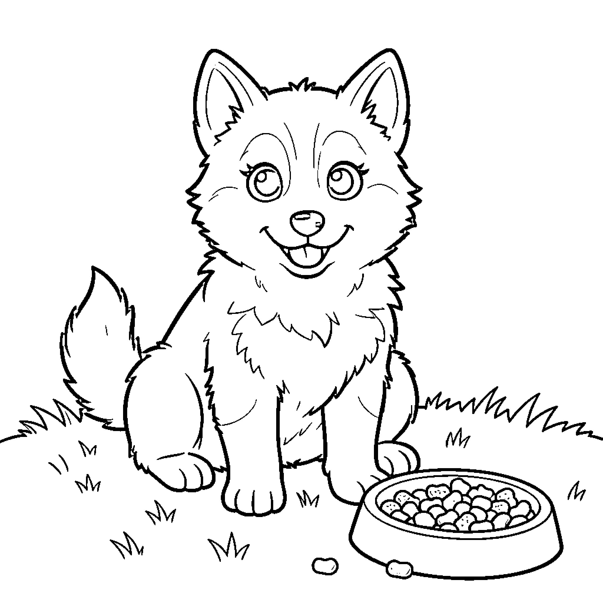 Husky puppy enjoying meal in nature Coloring Page (free black-and-white line drawing printable PDF for all, from beginners to advanced learners, including children, teens, adults, and seniors)