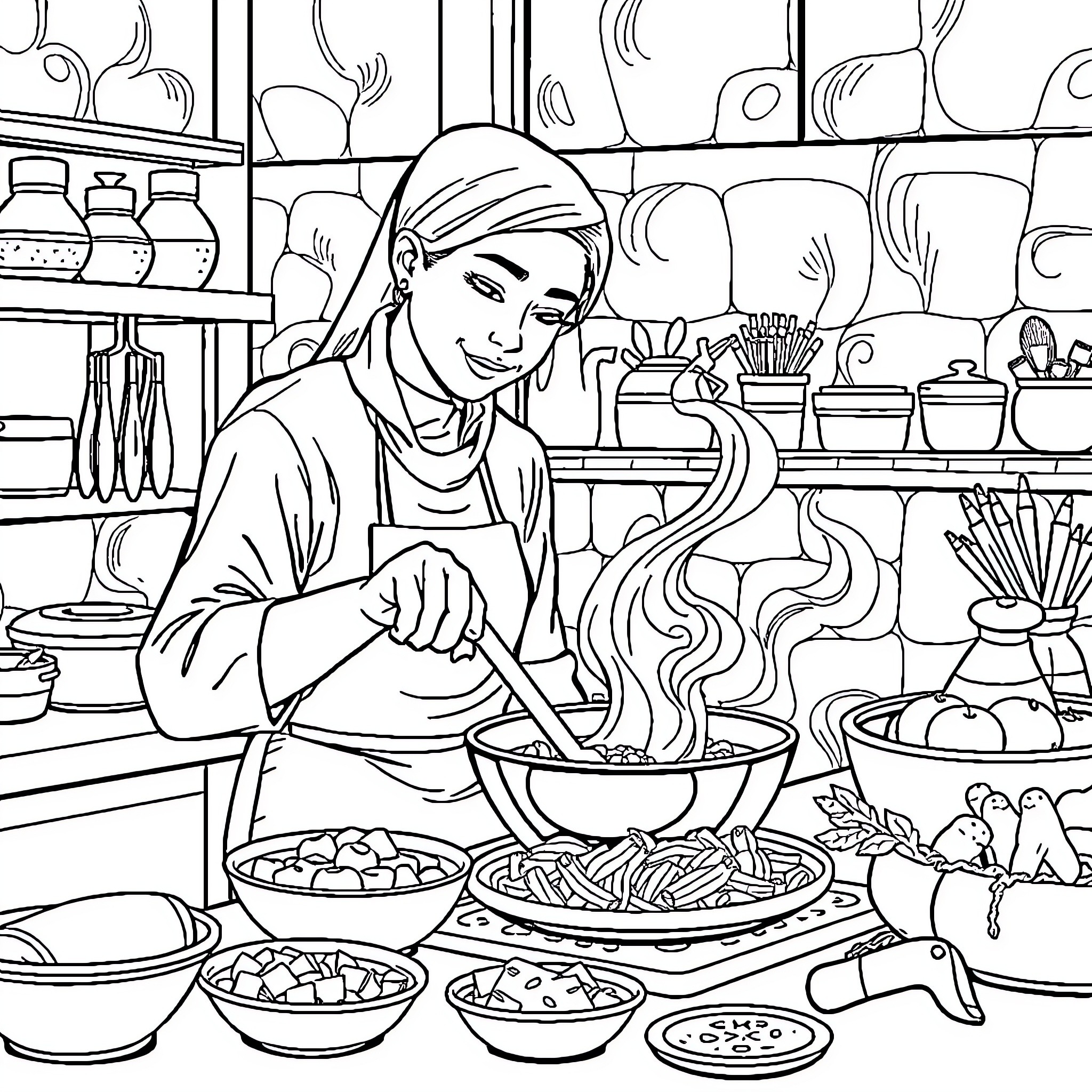 Pemuda cooking a delicious meal in the kitchen Coloring Page (free black-and-white line drawing printable PDF for all, from beginners to advanced learners, including children, teens, adults, and seniors)