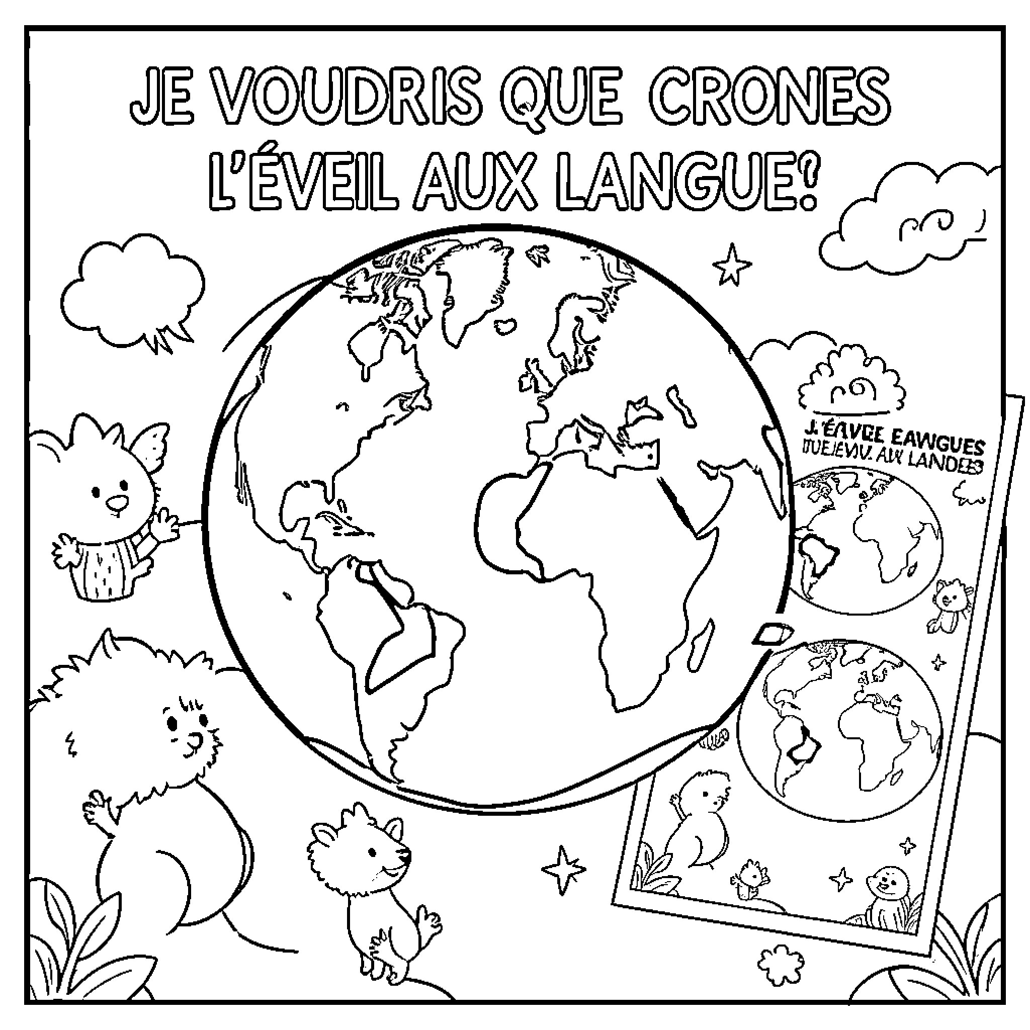Earth surrounded by cute animals and speech bubbles Coloring Page (free black-and-white line drawing printable PDF for all, from beginners to advanced learners, including children, teens, adults, and seniors)