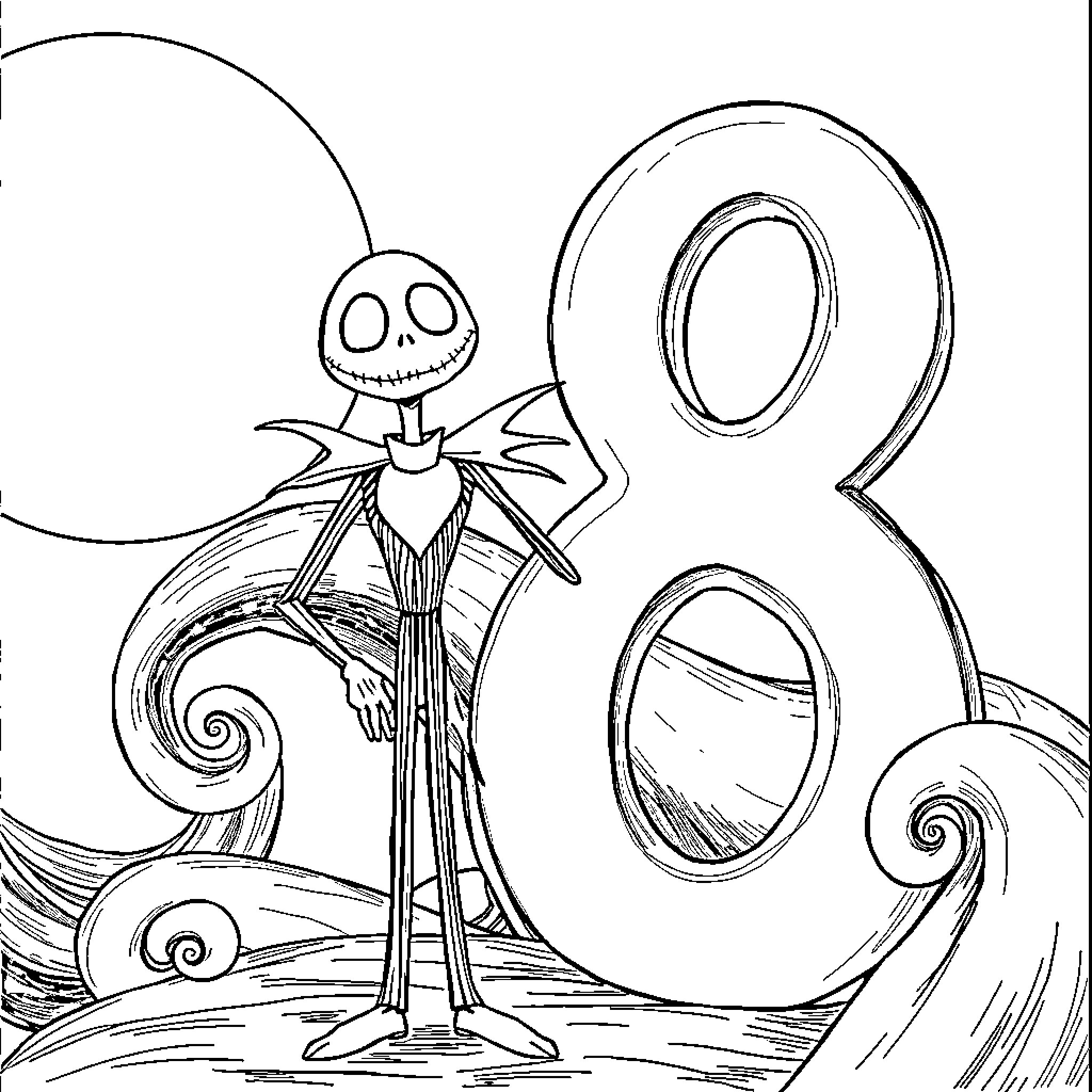 Jack Skellington on a spooky, surreal adventure Coloring Page (free black-and-white line drawing printable PDF for all, from beginners to advanced learners, including children, teens, adults, and seniors)