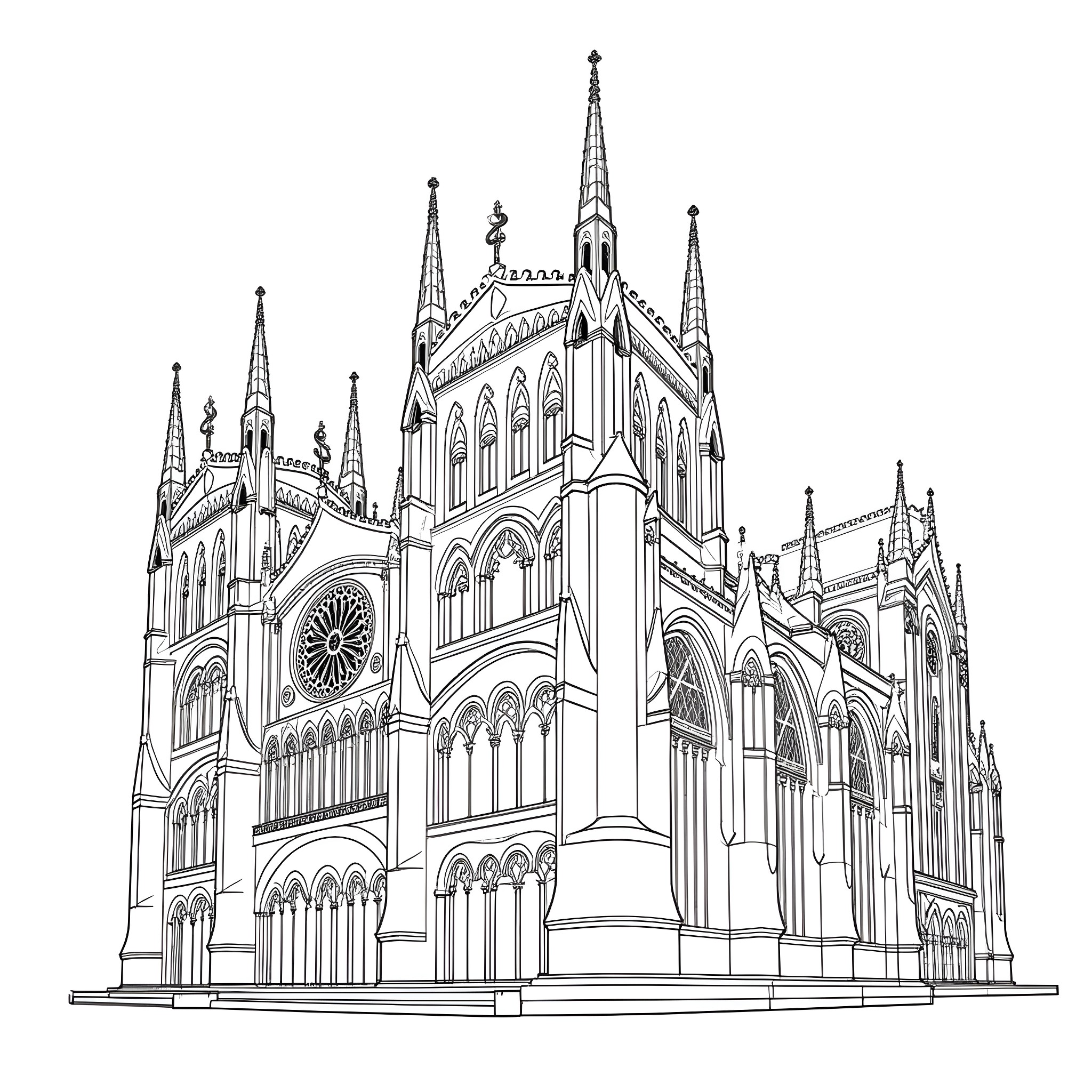 Cathedral with ornate spires and arches Coloring Page (free black-and-white line drawing printable PDF for all, from beginners to advanced learners, including children, teens, adults, and seniors)
